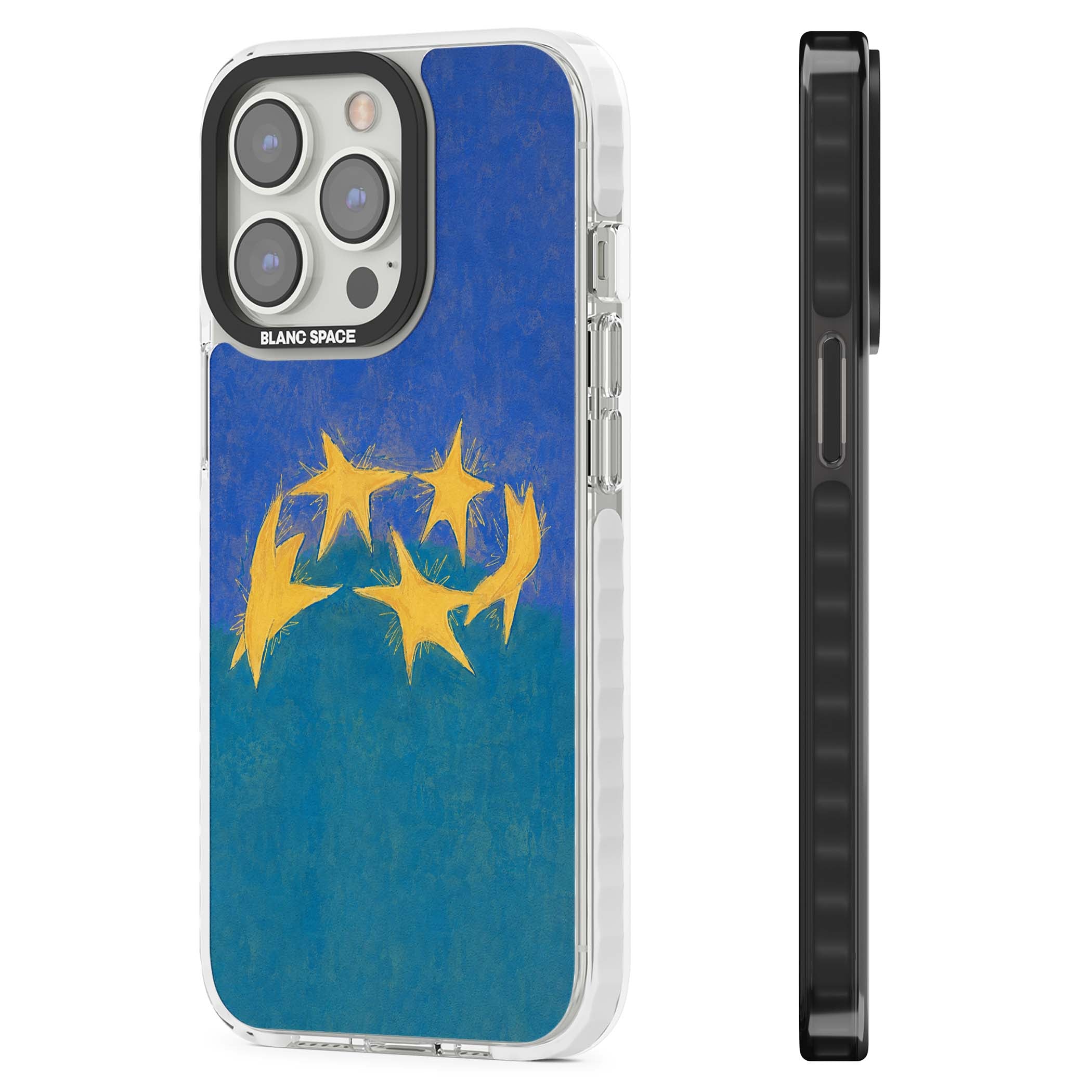 Star Boogie stars aesthetic iPhone case featuring five yellow hand-painted stars on cobalt blue and teal | Impact Magsafe case for iPhone 13 Pro, iPhone 14 Pro, iPhone 15 Pro