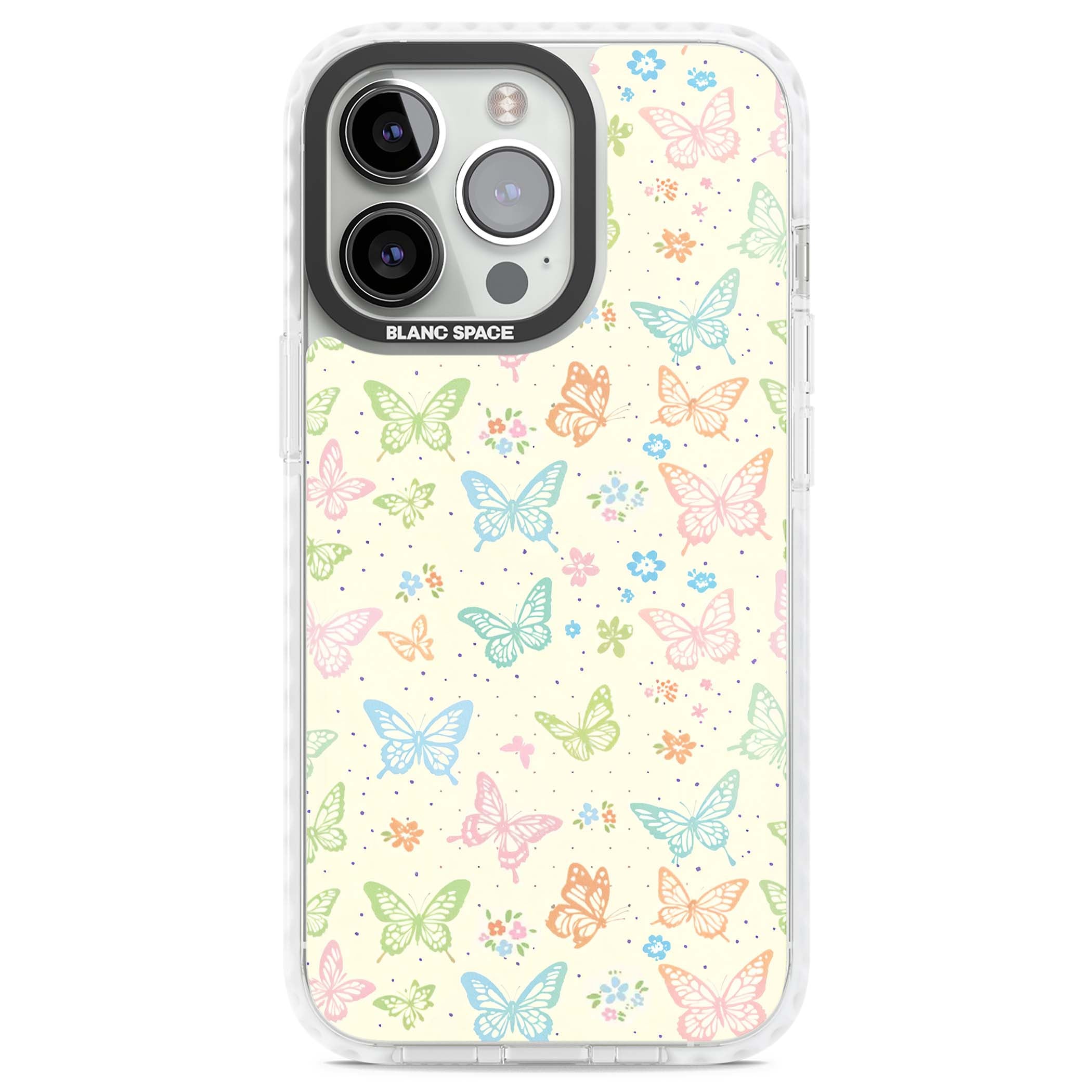 Sugar Wings cottagecore iPhone case featuring rainbow pastel butterflies, tiny wildflowers, and a cream background | Impact Magsafe case for iPhone 13 Pro, iPhone 14 Pro, iPhone 15 Pro