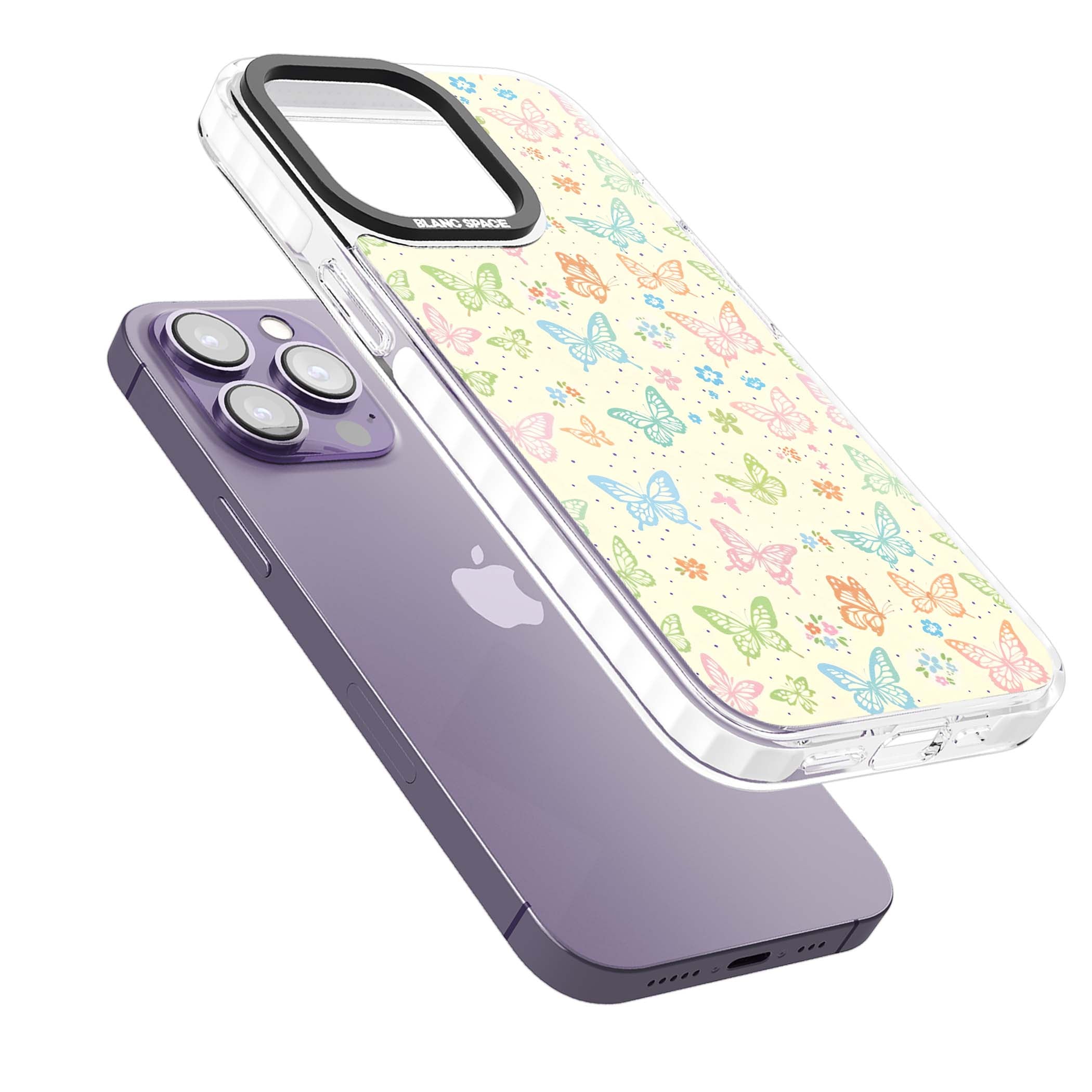 Sugar Wings cottagecore iPhone case featuring rainbow pastel butterflies, tiny wildflowers, and a cream background | Impact Magsafe case for iPhone 13 Pro, iPhone 14 Pro, iPhone 15 Pro