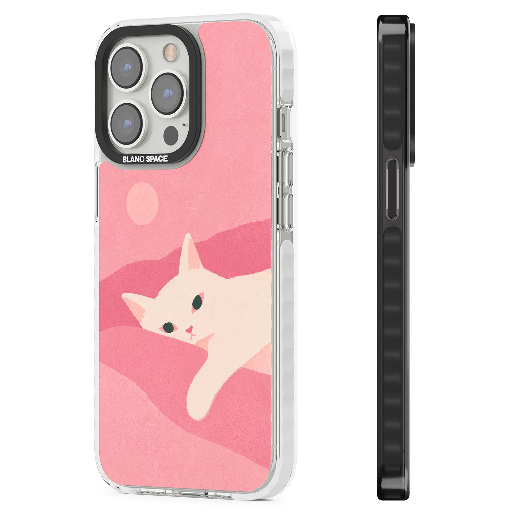 Pink Dreams cute cat iPhone case featuring a white kitten, soft pink hills and a pale pastel sun | Impact Magsafe case for iPhone 13 Pro, iPhone 14 Pro, iPhone 15 Pro