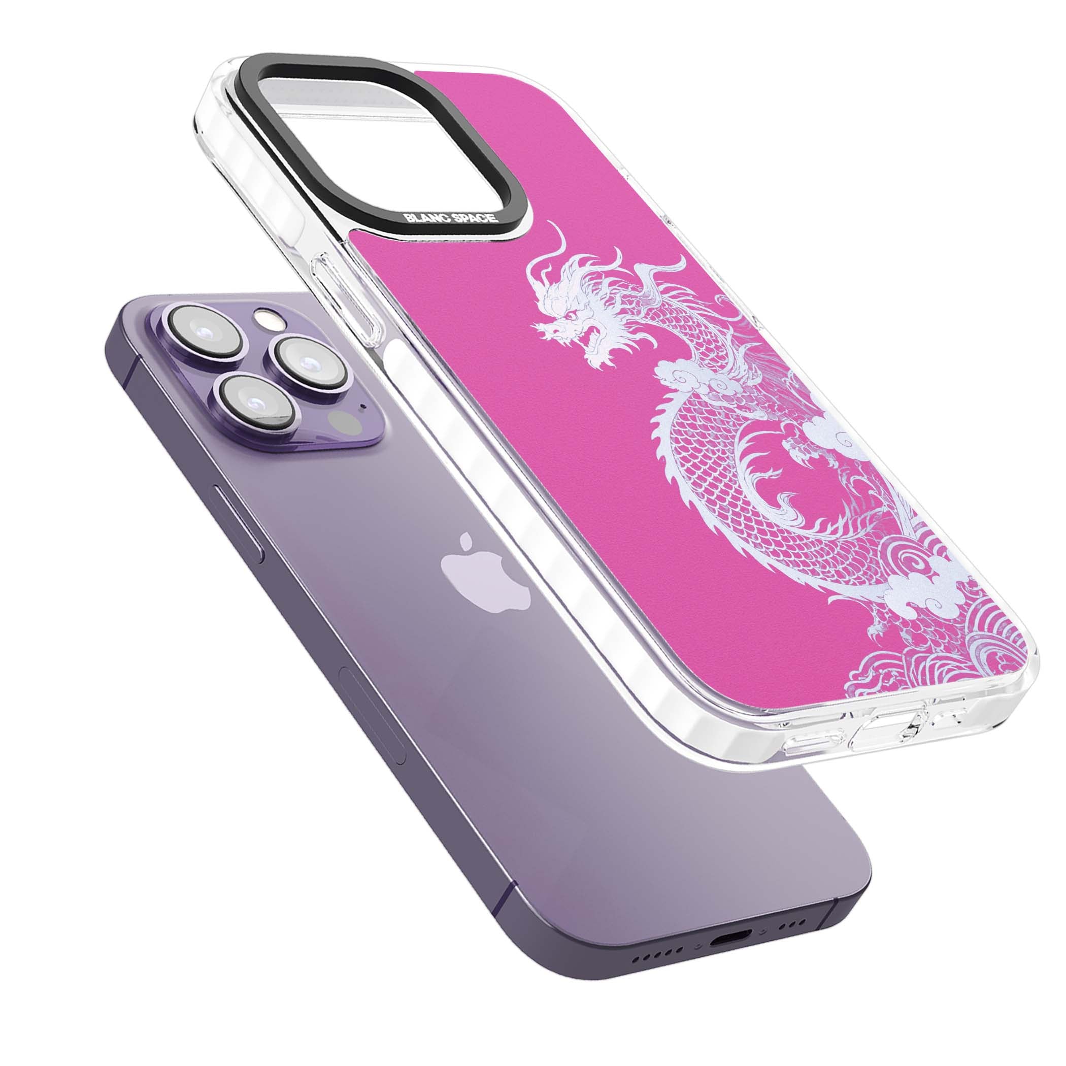 Pink Empress chinese dragon iPhone case featuring a white dragon, swirling clouds and pink dragon wallpaper backdrop | Impact Magsafe case for iPhone 13 Pro, iPhone 14 Pro, iPhone 15 Pro
