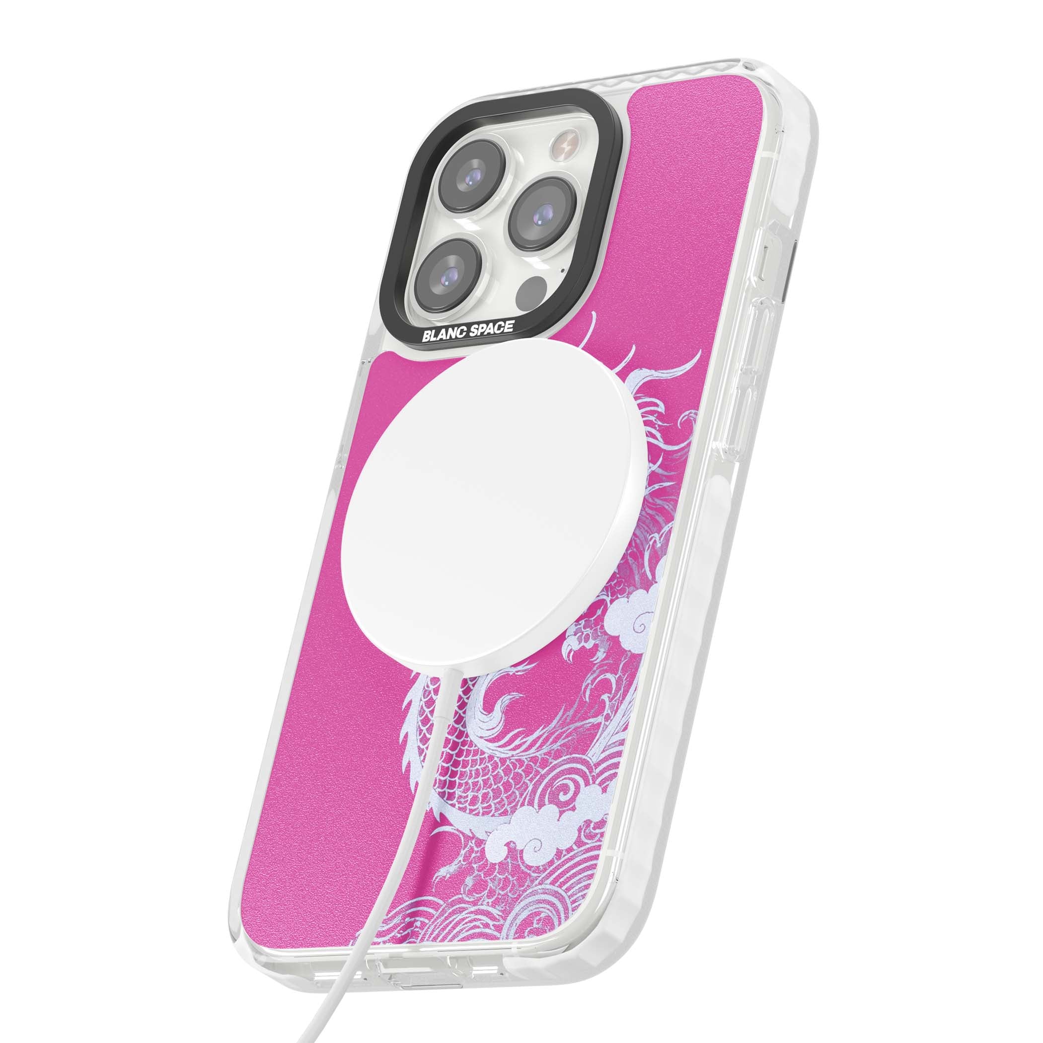 Pink Empress chinese dragon iPhone case featuring a white dragon, swirling clouds and pink dragon wallpaper backdrop | Impact Magsafe case for iPhone 13 Pro, iPhone 14 Pro, iPhone 15 Pro