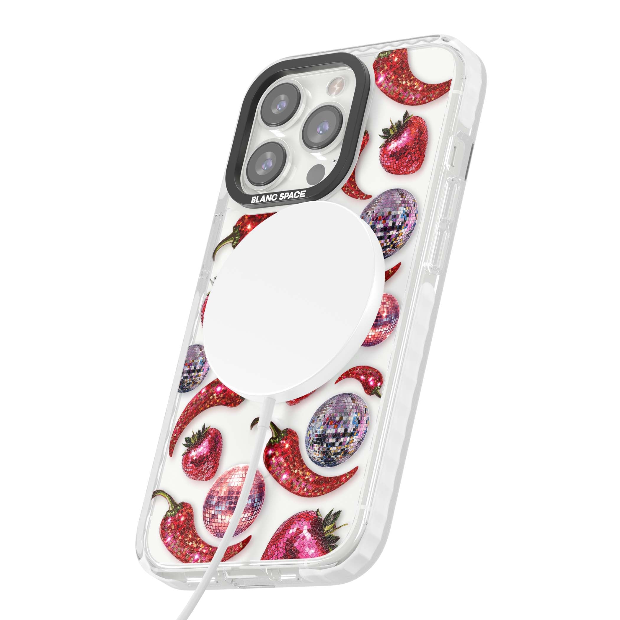 Spicy Disco Y2K iPhone case featuring glitter disco balls, sparkly strawberries and red chilli peppers | Impact Magsafe case for iPhone 13 Pro, iPhone 14 Pro, iPhone 15 Pro