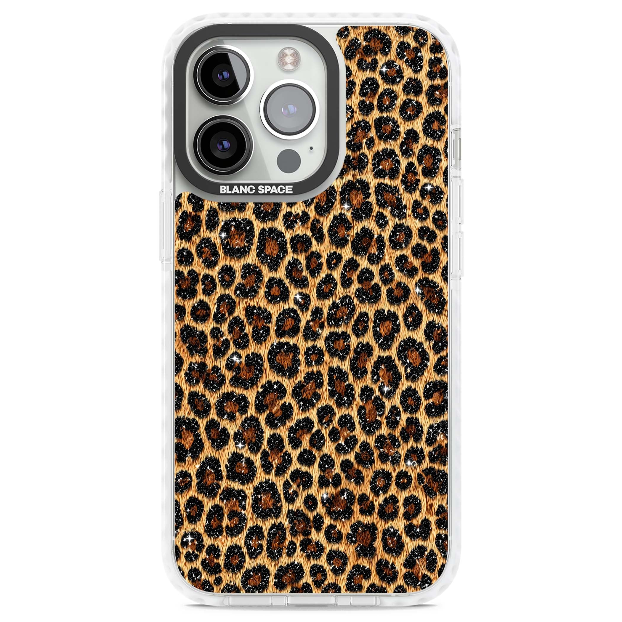 Diamond Leopard leopard print iPhone case featuring golden tan fur, black rosette spots and subtle glitter sparkle | Impact Magsafe case for iPhone 13 Pro, iPhone 14 Pro, iPhone 15 Pro