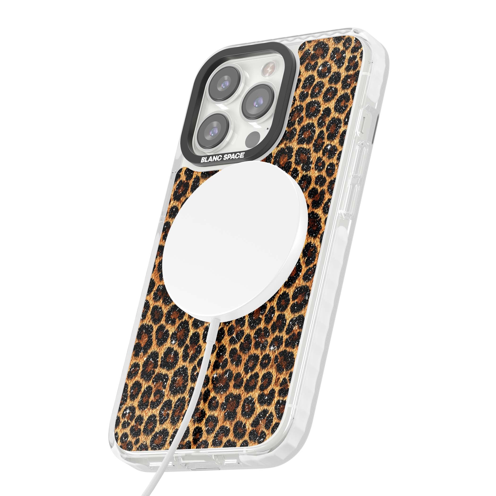 Diamond Leopard leopard print iPhone case featuring golden tan fur, black rosette spots and subtle glitter sparkle | Impact Magsafe case for iPhone 13 Pro, iPhone 14 Pro, iPhone 15 Pro