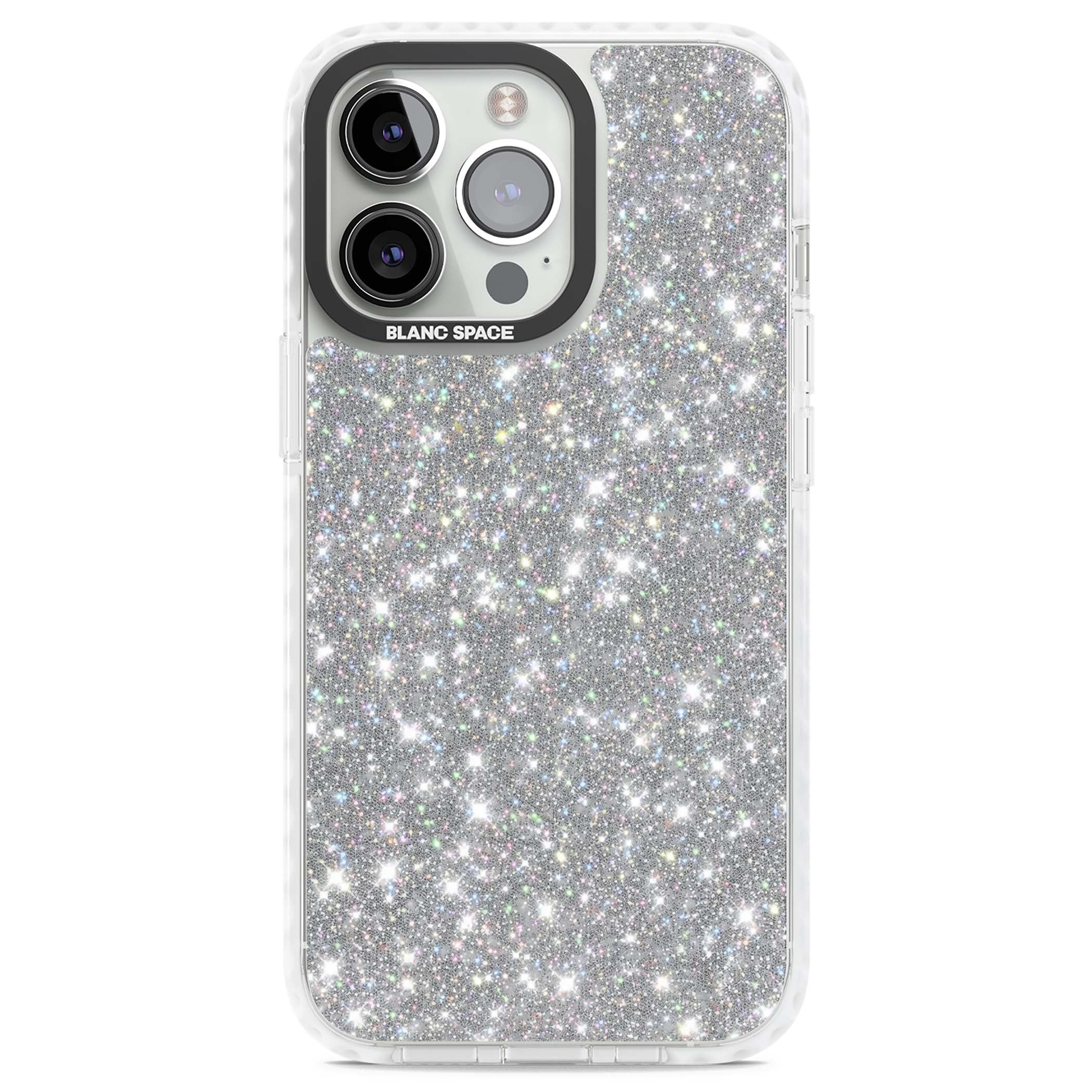 Diamond glam iPhone case featuring silver glitter sparkle and shimmering diamond dust effect | Impact Magsafe case for iPhone 13 Pro, iPhone 14 Pro, iPhone 15 Pro