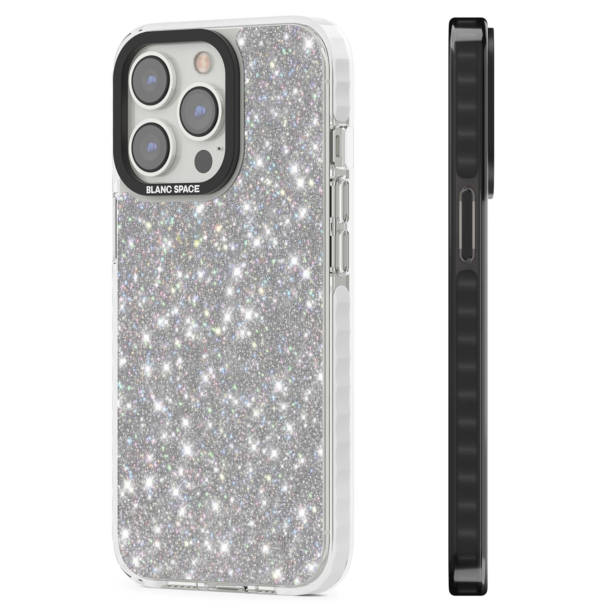 Diamond glam iPhone case featuring silver glitter sparkle and shimmering diamond dust effect | Impact Magsafe case for iPhone 13 Pro, iPhone 14 Pro, iPhone 15 Pro