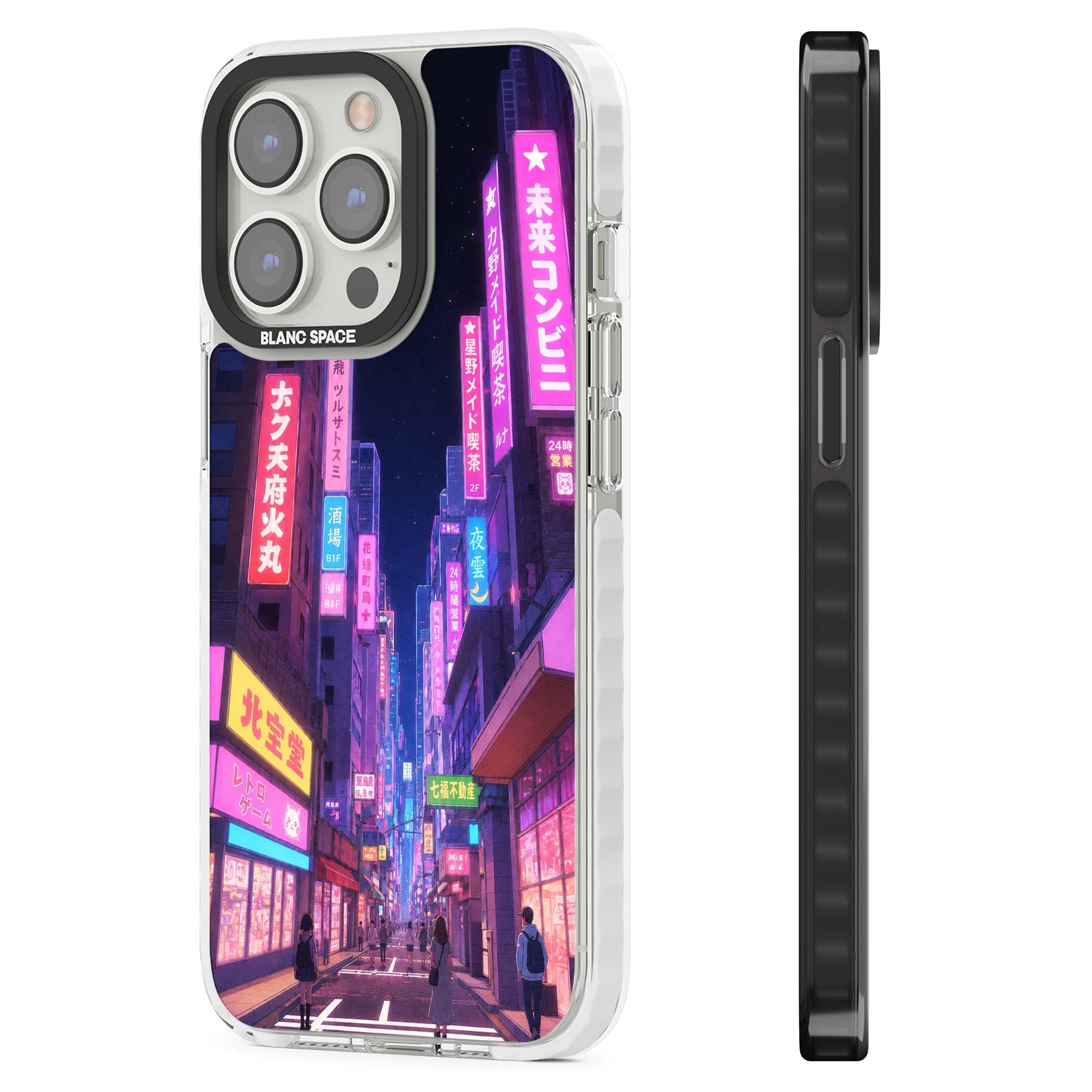 Shibuya At Night Japanese neon city iPhone case featuring glowing kanji signs, pink storefronts and a Tokyo street at n | Impact Magsafe case for iPhone 13 Pro, iPhone 14 Pro, iPhone 15 Pro