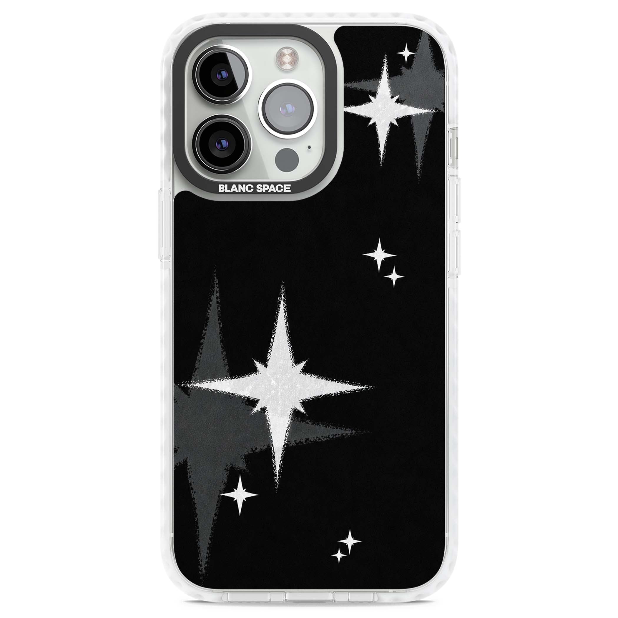 Black Sparkle celestial iPhone case featuring white sparkle stars on a black night sky background | Impact Magsafe case for iPhone 13 Pro, iPhone 14 Pro, iPhone 15 Pro