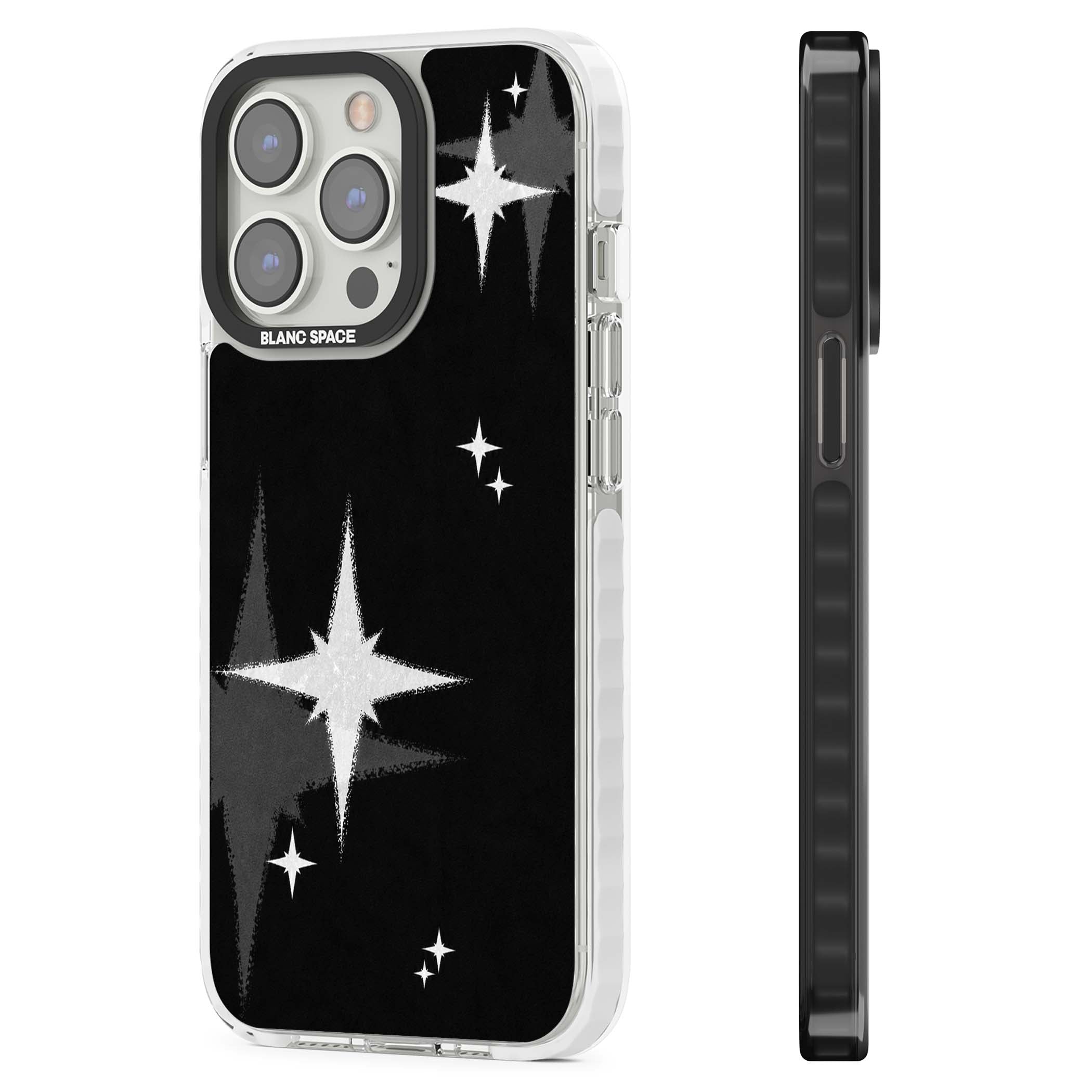 Black Sparkle celestial iPhone case featuring white sparkle stars on a black night sky background | Impact Magsafe case for iPhone 13 Pro, iPhone 14 Pro, iPhone 15 Pro
