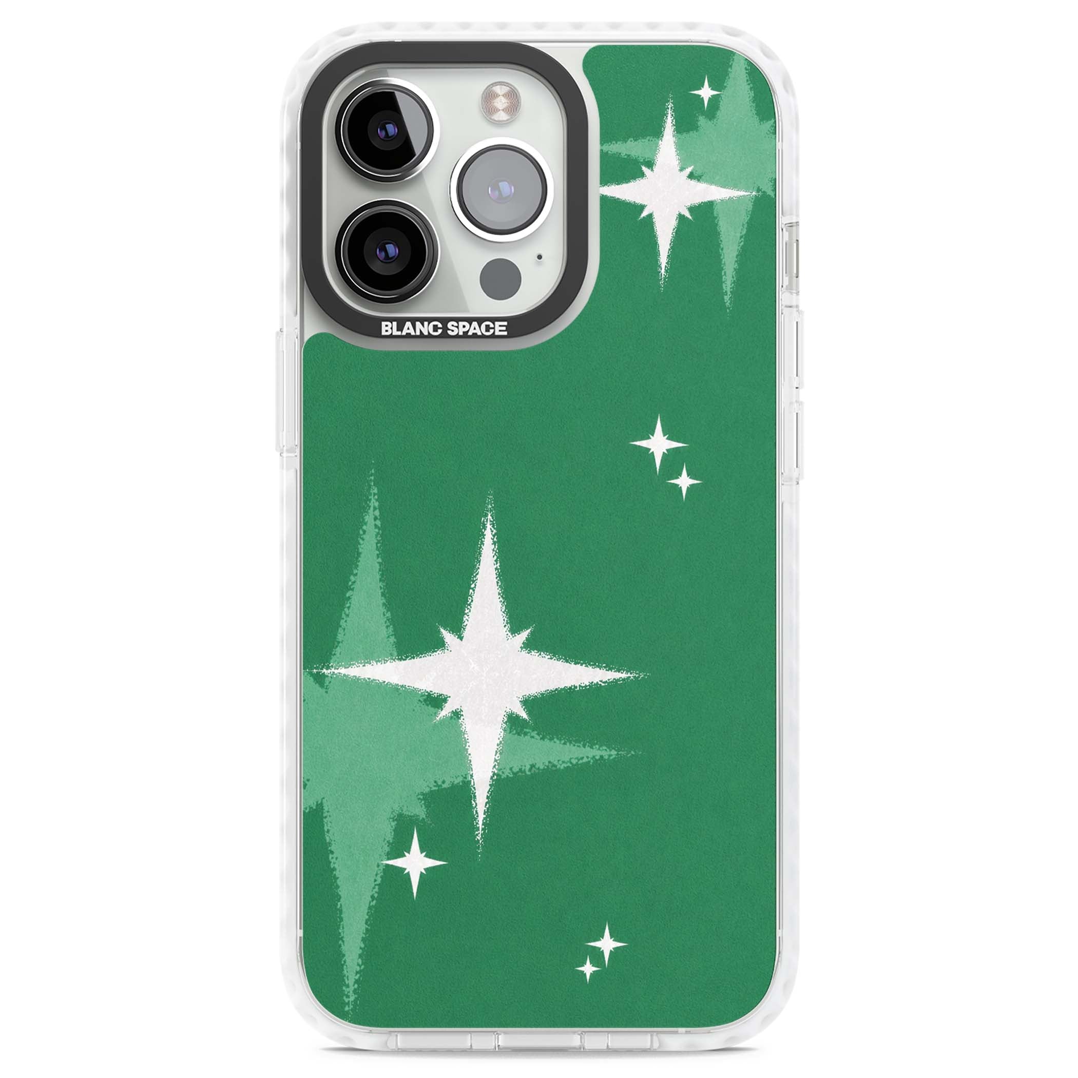 Green Sparkle celestial iPhone case featuring sparkling white four-point stars on a deep green background | Impact Magsafe case for iPhone 13 Pro, iPhone 14 Pro, iPhone 15 Pro