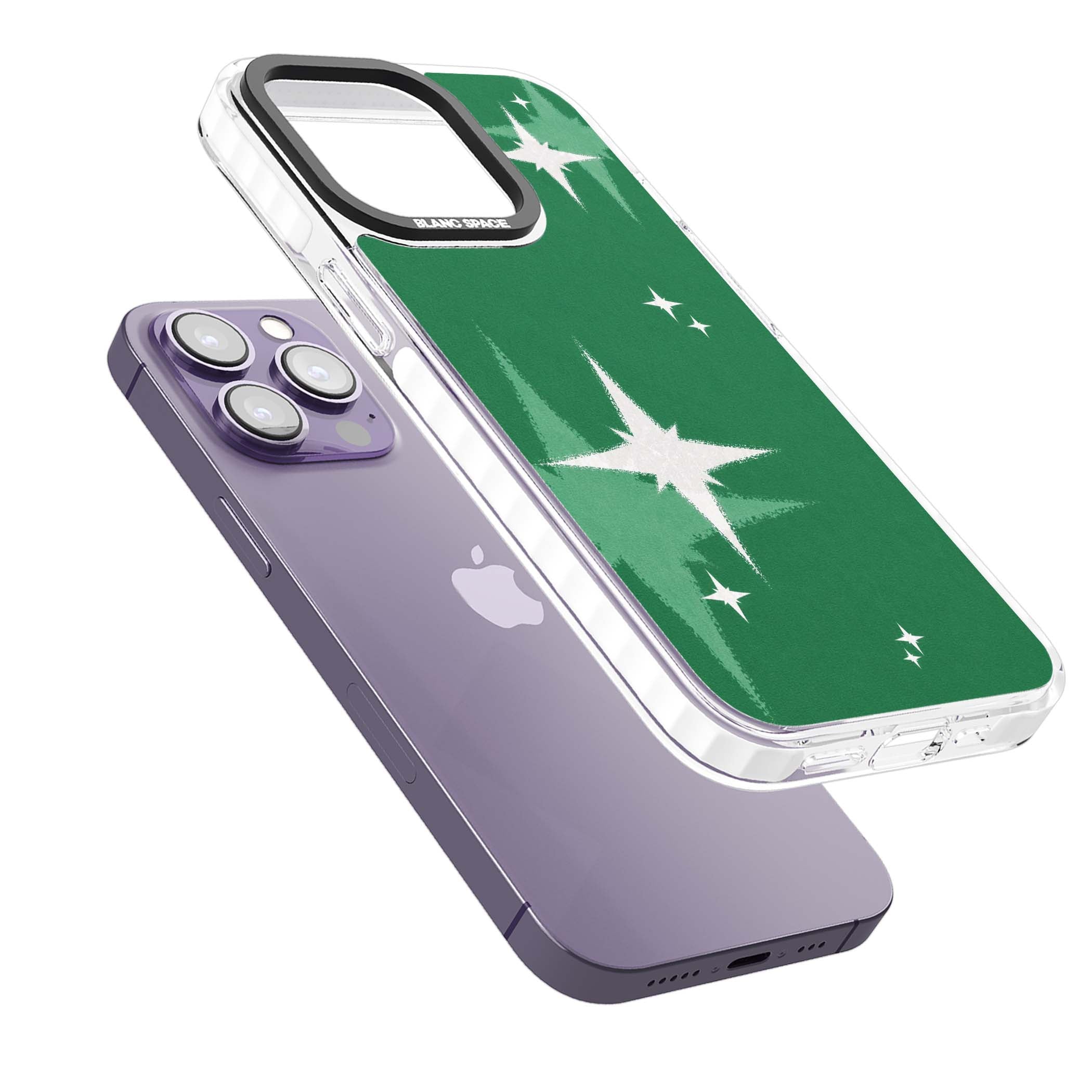 Green Sparkle celestial iPhone case featuring sparkling white four-point stars on a deep green background | Impact Magsafe case for iPhone 13 Pro, iPhone 14 Pro, iPhone 15 Pro
