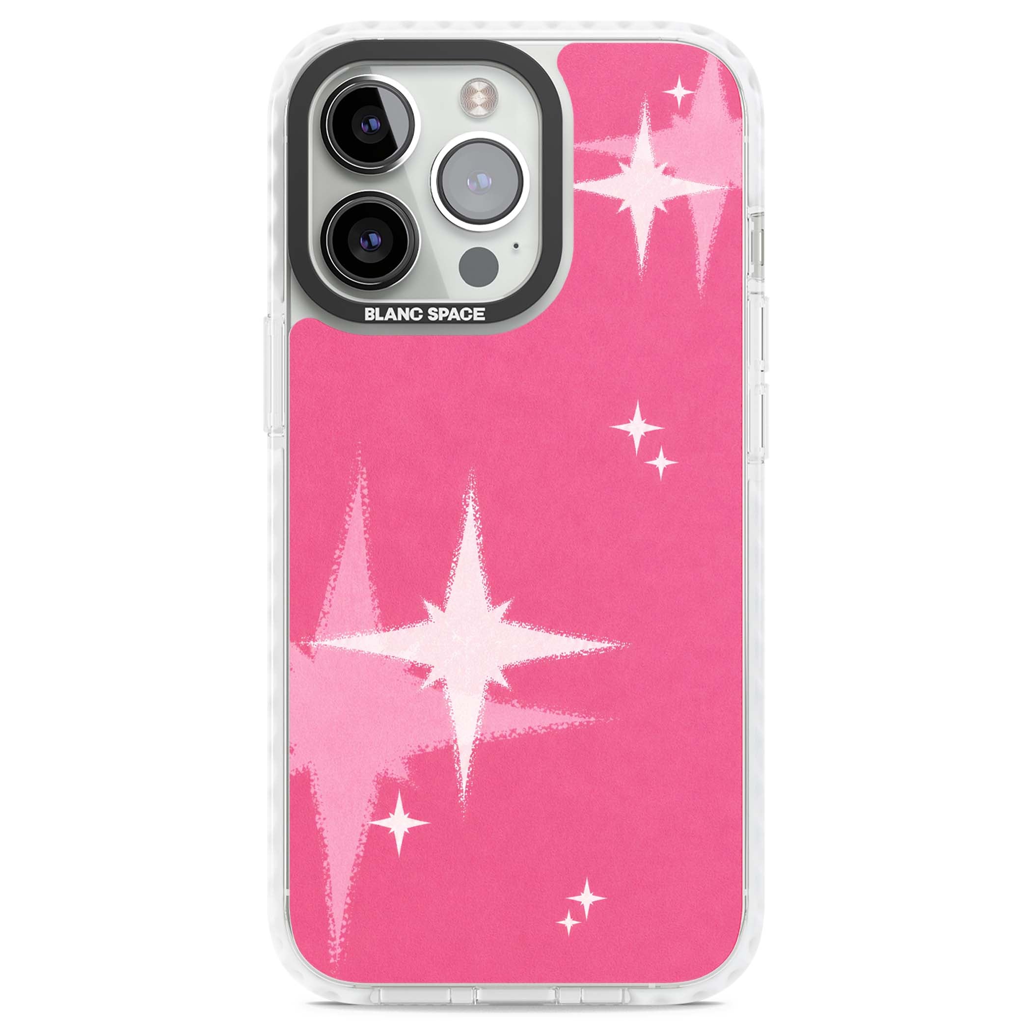 Pink Sparkle Y2K iPhone case featuring hot pink background with shimmering white starburst pattern | Impact Magsafe case for iPhone 13 Pro, iPhone 14 Pro, iPhone 15 Pro