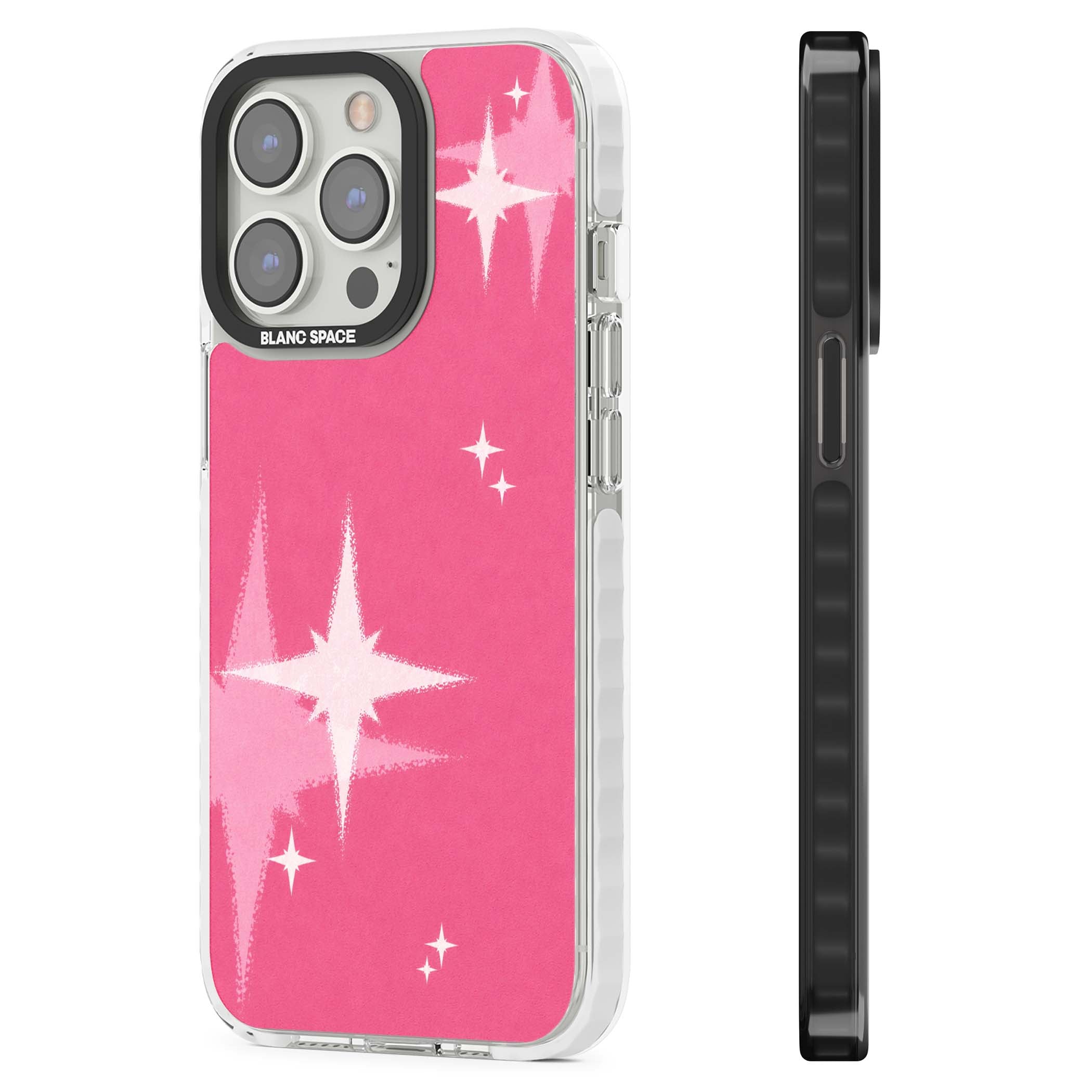 Pink Sparkle Y2K iPhone case featuring hot pink background with shimmering white starburst pattern | Impact Magsafe case for iPhone 13 Pro, iPhone 14 Pro, iPhone 15 Pro