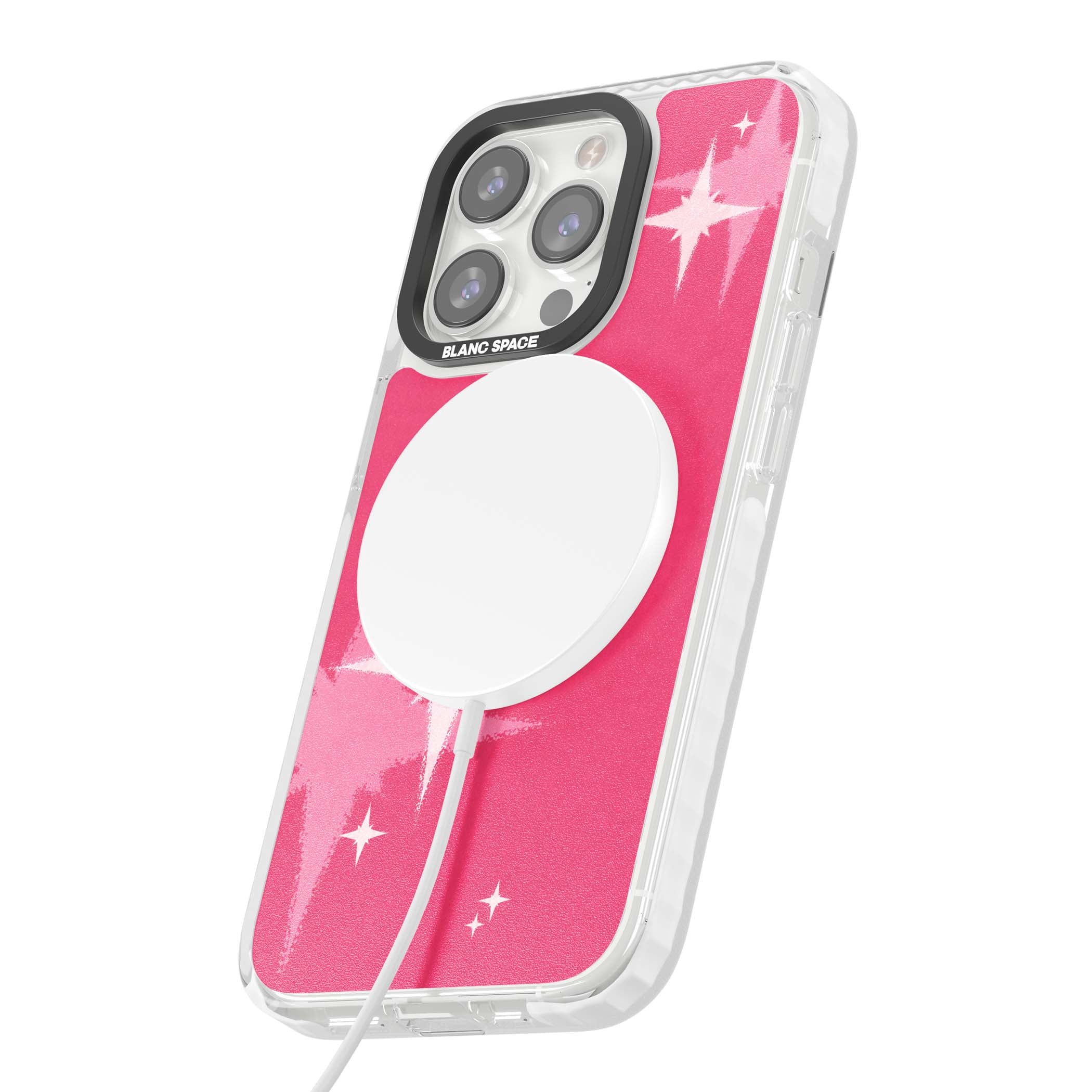 Pink Sparkle Y2K iPhone case featuring hot pink background with shimmering white starburst pattern | Impact Magsafe case for iPhone 13 Pro, iPhone 14 Pro, iPhone 15 Pro
