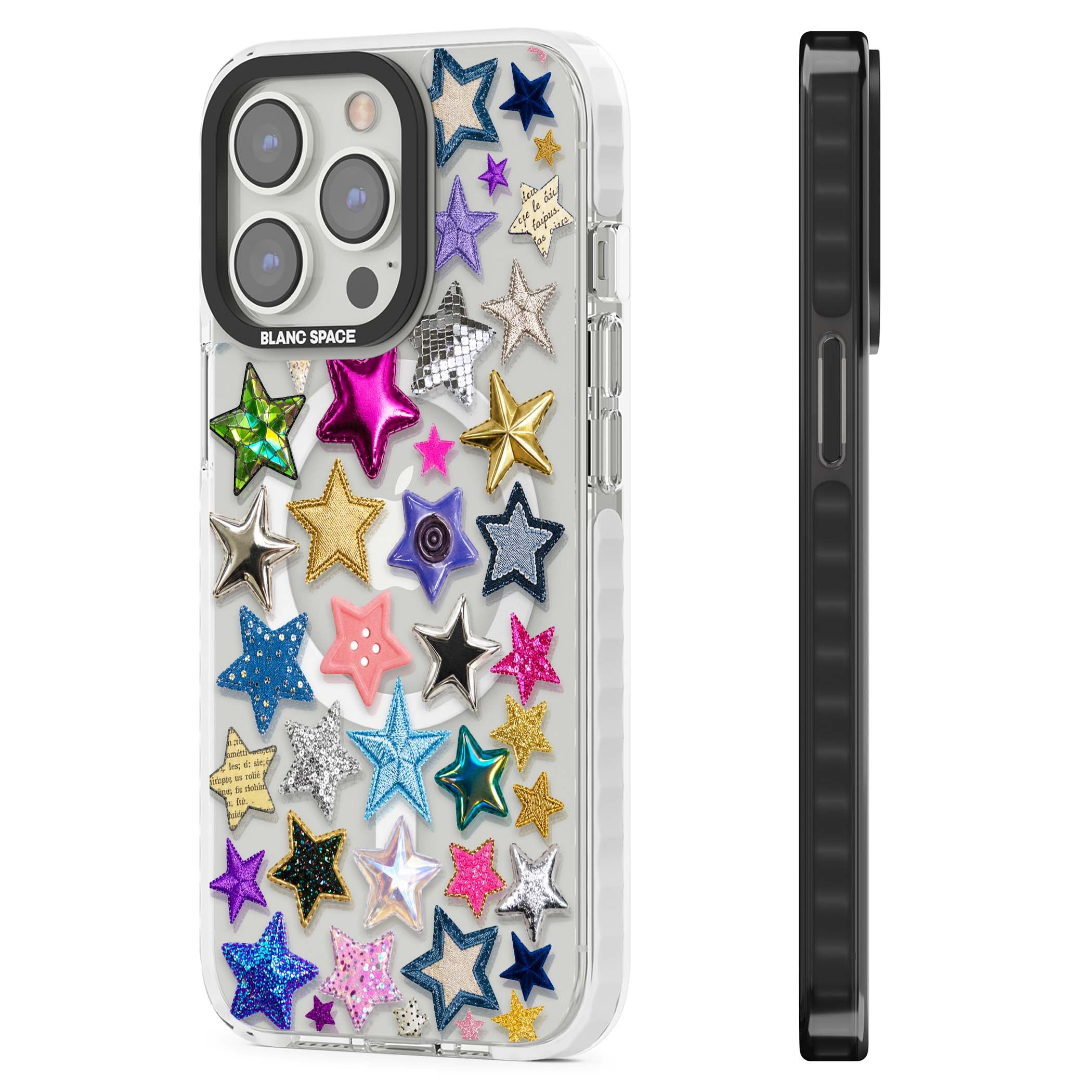 Crafty Star Mix Y2K iPhone case featuring embroidered, sequinned and glitter star patches in rainbow colours | Impact Magsafe case for iPhone 13 Pro, iPhone 14 Pro, iPhone 15 Pro