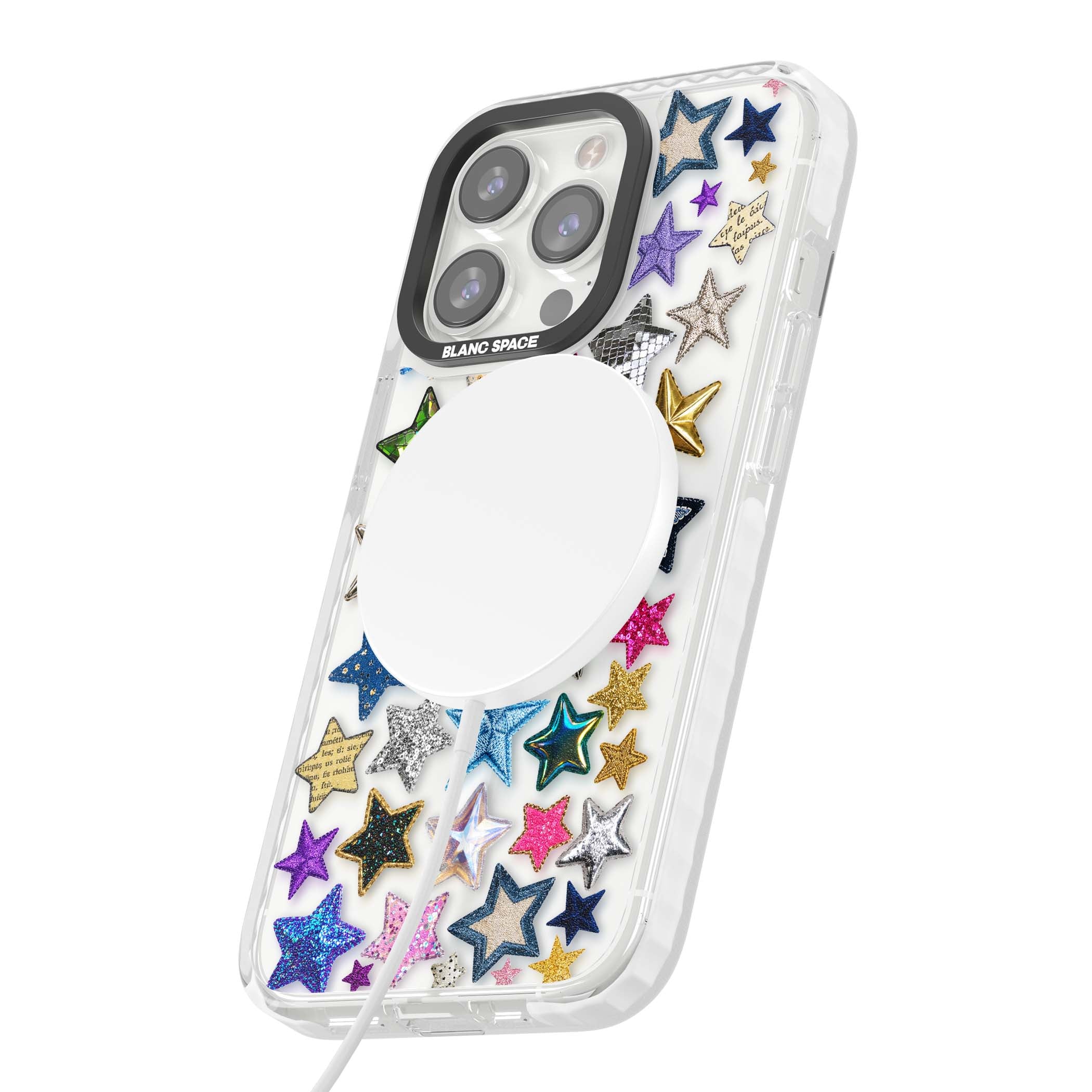 Crafty Star Mix Y2K iPhone case featuring embroidered, sequinned and glitter star patches in rainbow colours | Impact Magsafe case for iPhone 13 Pro, iPhone 14 Pro, iPhone 15 Pro