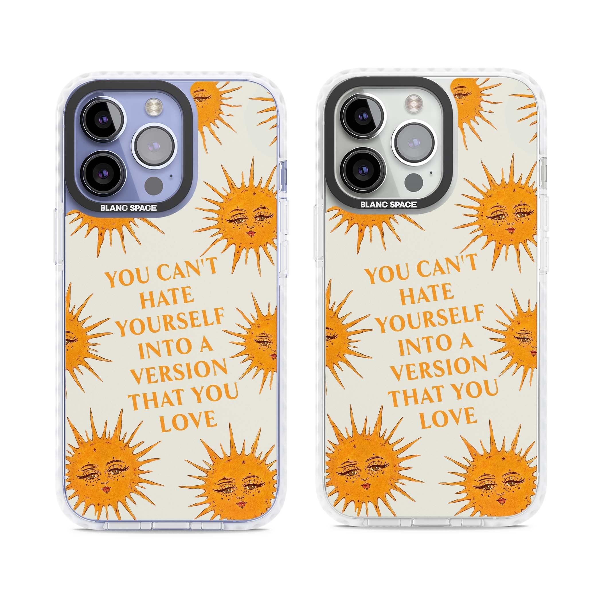 Don't Hate Yourself celestial iPhone case featuring vintage sun faces, ochre rays and a self-love quote | Impact Magsafe case for iPhone 13 Pro, iPhone 14 Pro, iPhone 15 Pro