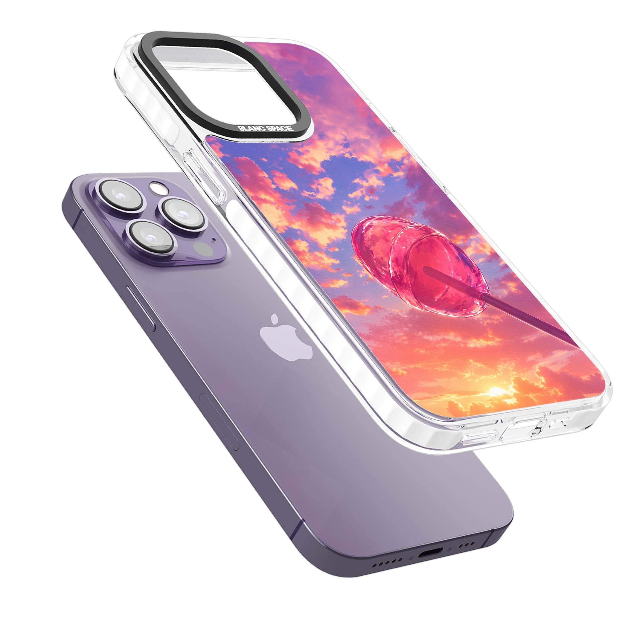 Sugar Sunset candy aesthetic iPhone case featuring a pink lollipop, pastel sunset sky and dreamy clouds | Impact Magsafe case for iPhone 13 Pro, iPhone 14 Pro, iPhone 15 Pro