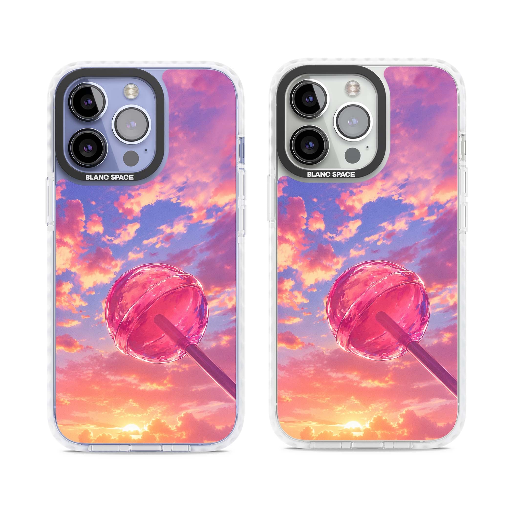 Sugar Sunset candy aesthetic iPhone case featuring a pink lollipop, pastel sunset sky and dreamy clouds | Impact Magsafe case for iPhone 13 Pro, iPhone 14 Pro, iPhone 15 Pro