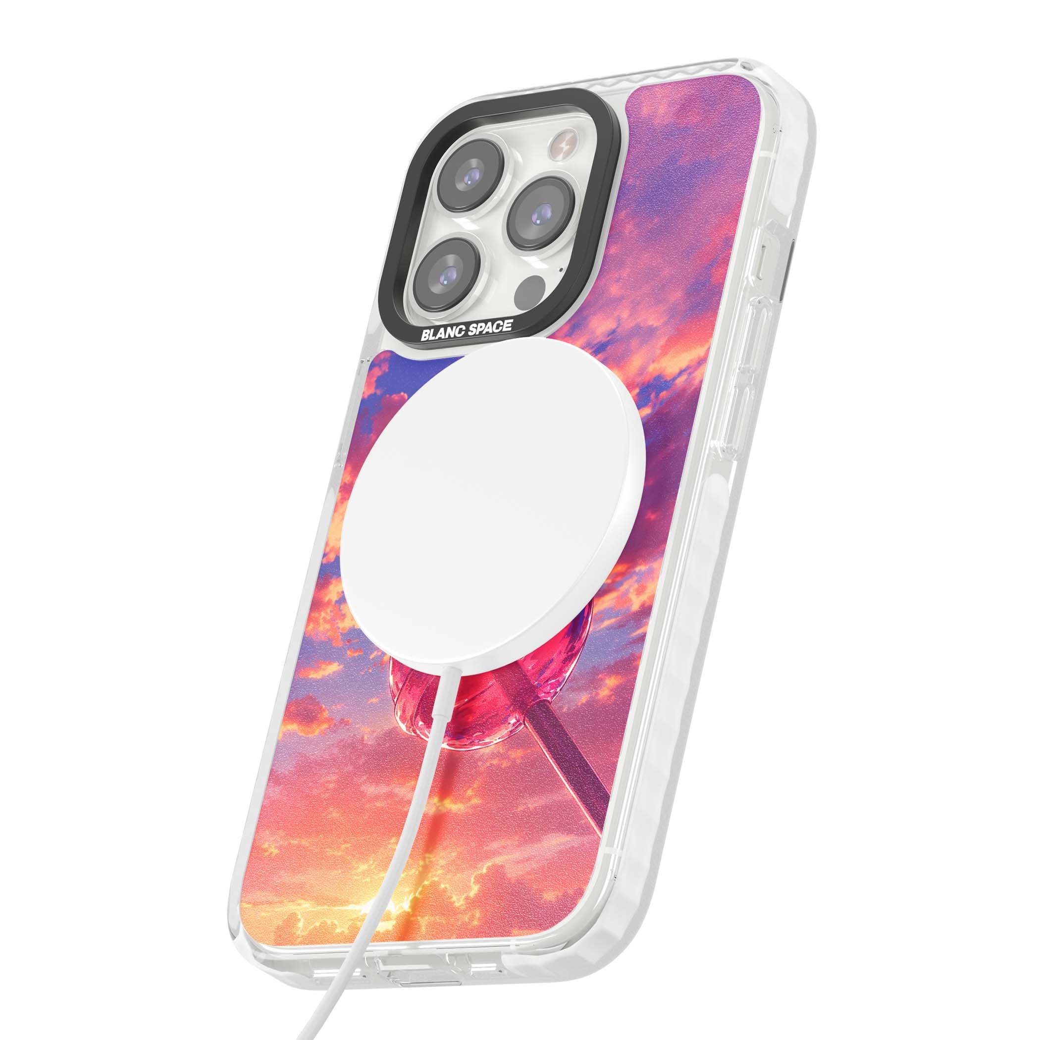 Sugar Sunset candy aesthetic iPhone case featuring a pink lollipop, pastel sunset sky and dreamy clouds | Impact Magsafe case for iPhone 13 Pro, iPhone 14 Pro, iPhone 15 Pro