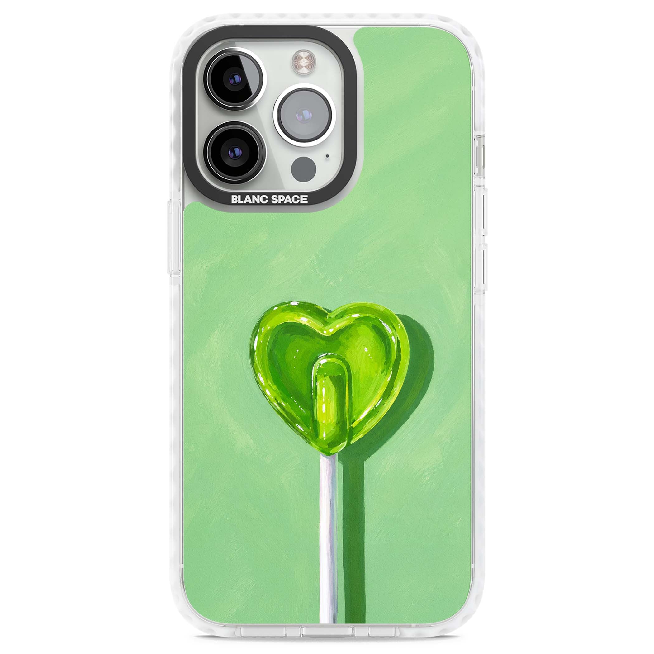 Green Lollipop candy art iPhone case featuring a glossy green heart-shaped lollipop on a painted pastel green background | Impact Magsafe case for iPhone 13 Pro, iPhone 14 Pro, iPhone 15 Pro