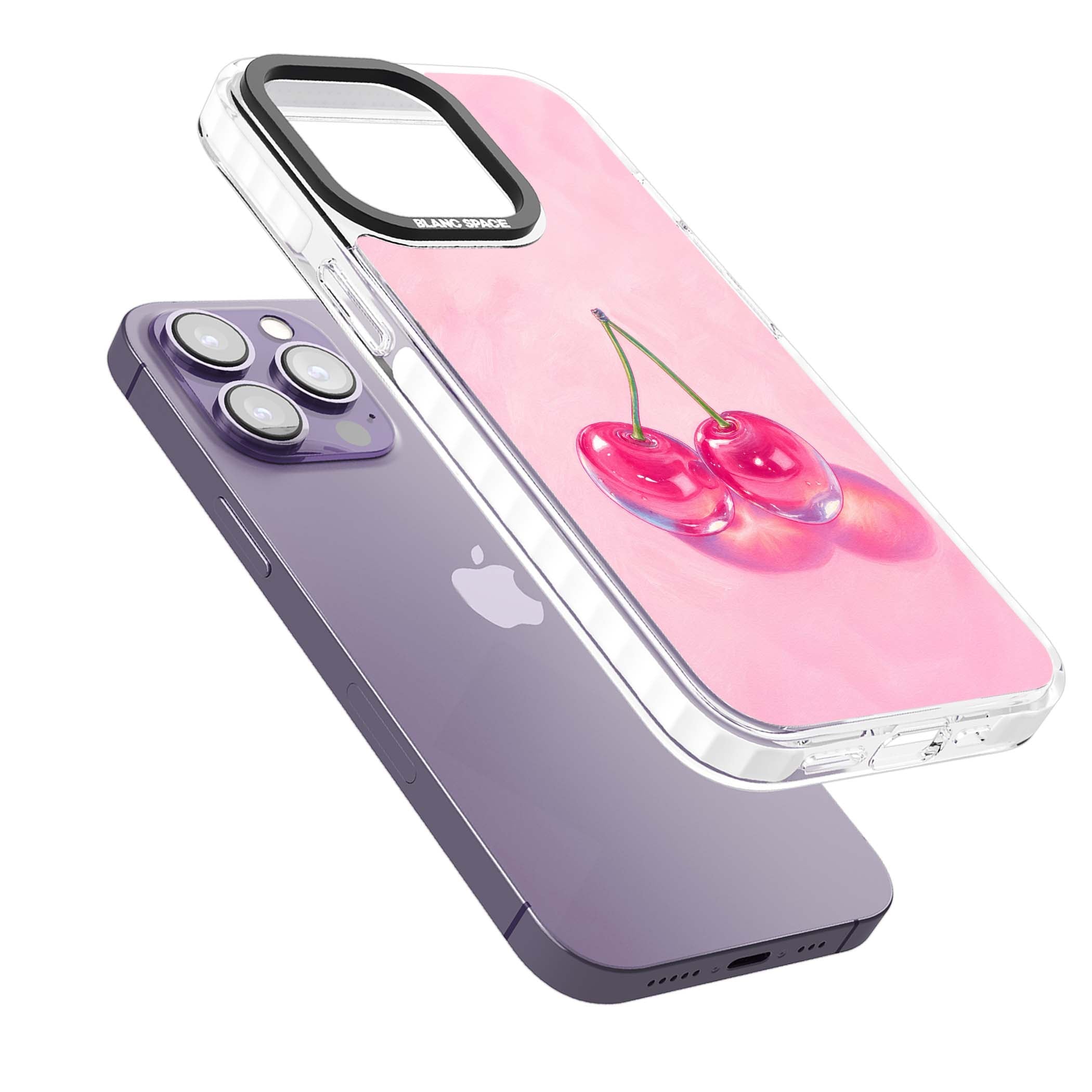 Pink Glass Cherry coquette iPhone case featuring two glossy painted cherries on a soft pink background | Impact Magsafe case for iPhone 13 Pro, iPhone 14 Pro, iPhone 15 Pro