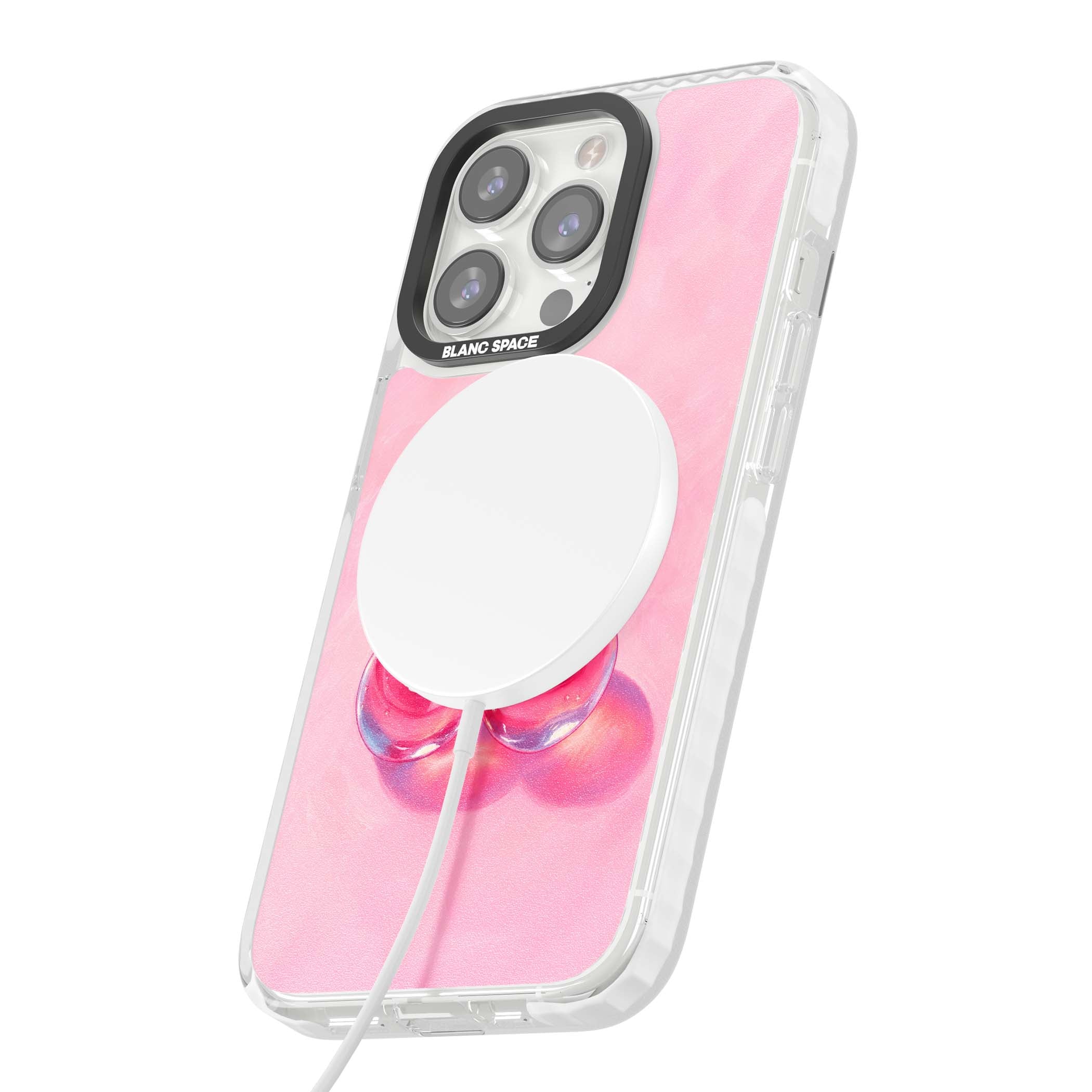 Pink Glass Cherry coquette iPhone case featuring two glossy painted cherries on a soft pink background | Impact Magsafe case for iPhone 13 Pro, iPhone 14 Pro, iPhone 15 Pro