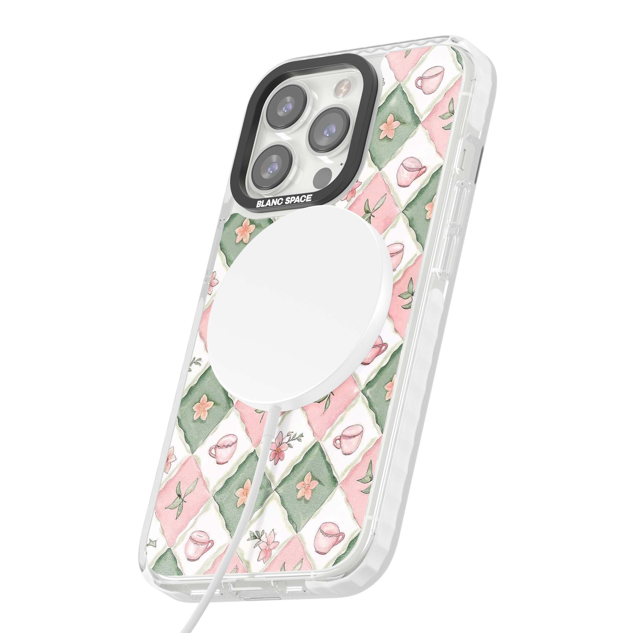 Garden Tea Party coquette iPhone case with pink and green checkered pattern, watercolour teacups and wildflowers | Impact Magsafe case for iPhone 13 Pro, iPhone 14 Pro, iPhone 15 Pro