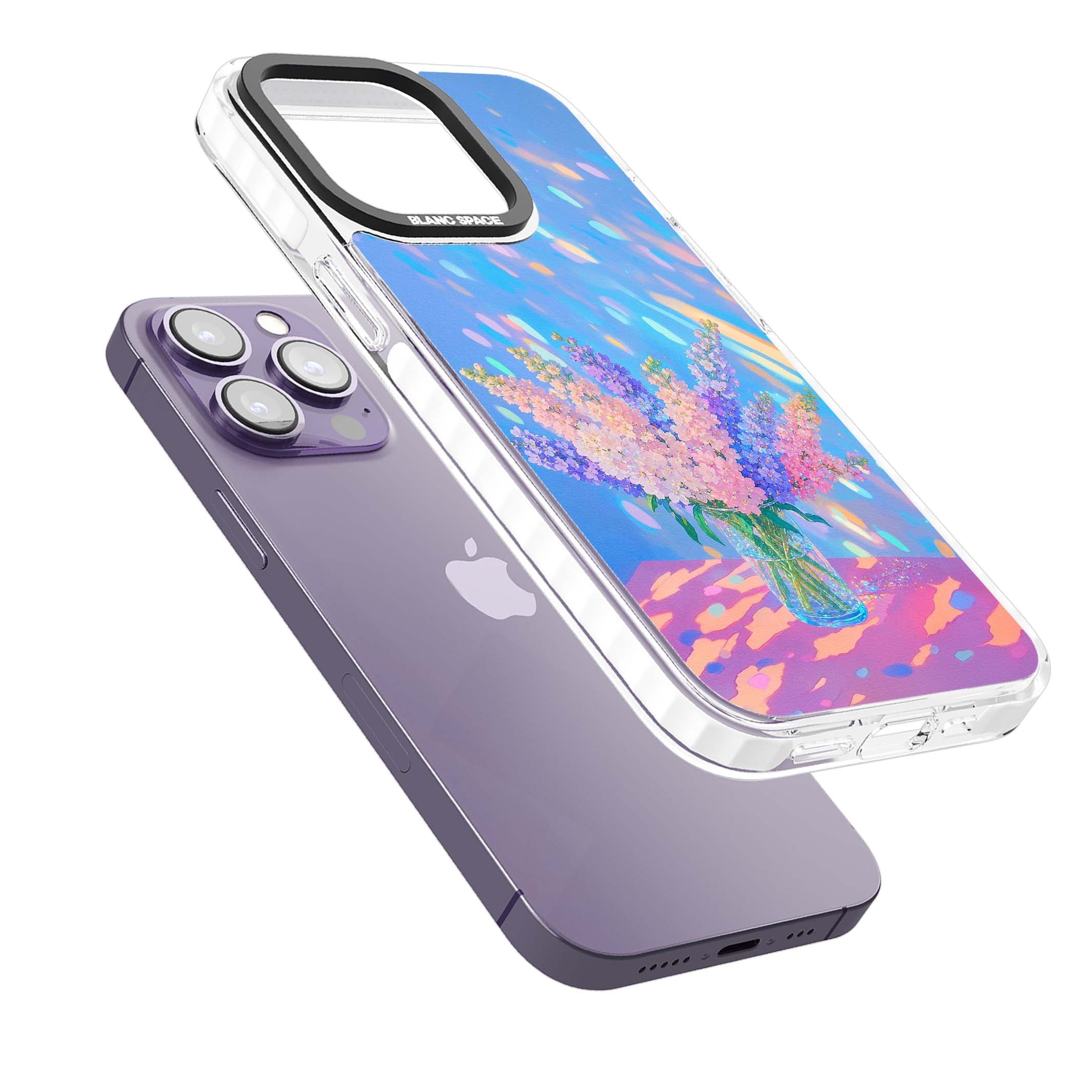 Bubblegum Flowers floral iPhone case featuring pastel lilac and pink bouquet in a glass vase with iridescent light | Impact Magsafe case for iPhone 13 Pro, iPhone 14 Pro, iPhone 15 Pro
