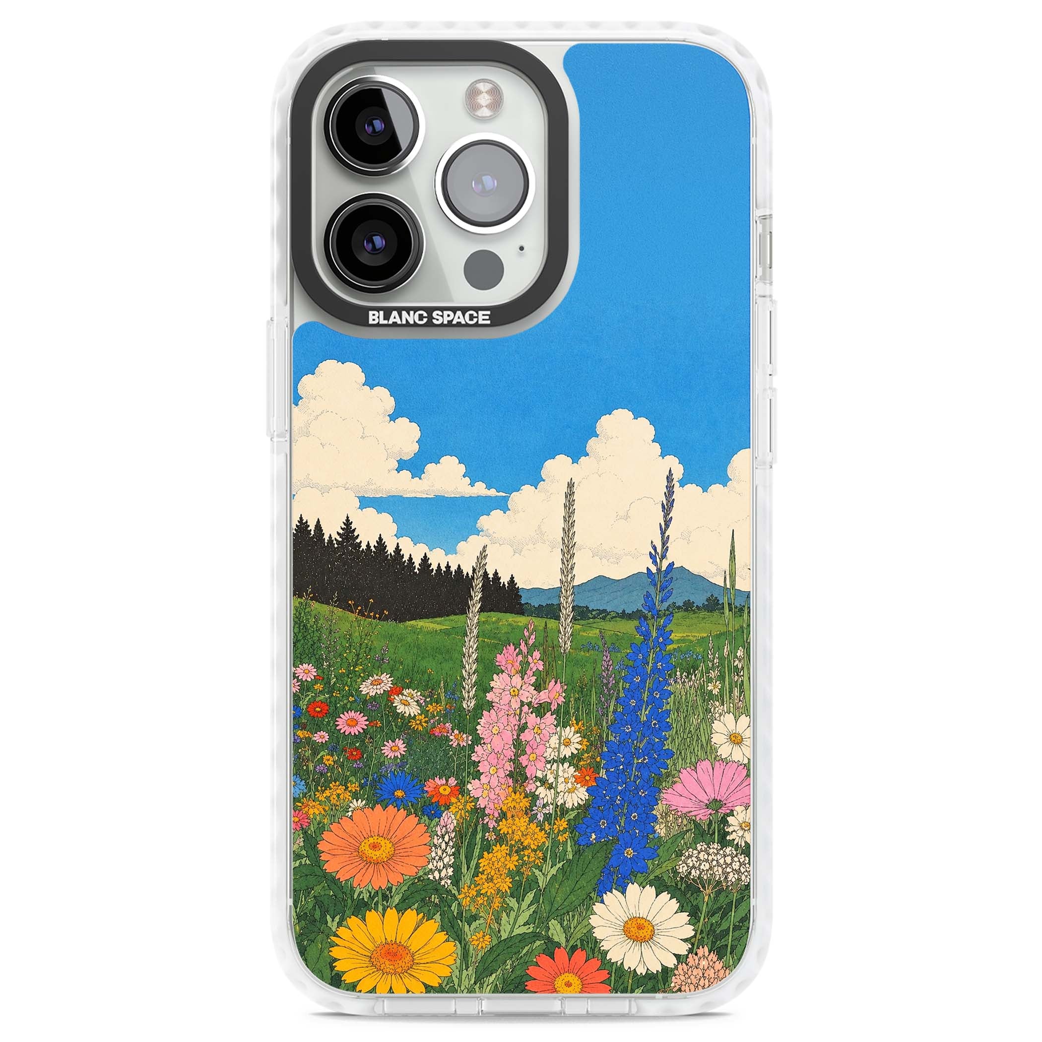 Wildbloom wildflower iPhone case featuring a vintage Japanese-style meadow landscape with daisies, delphiniums and moun | Impact Magsafe case for iPhone 13 Pro, iPhone 14 Pro, iPhone 15 Pro