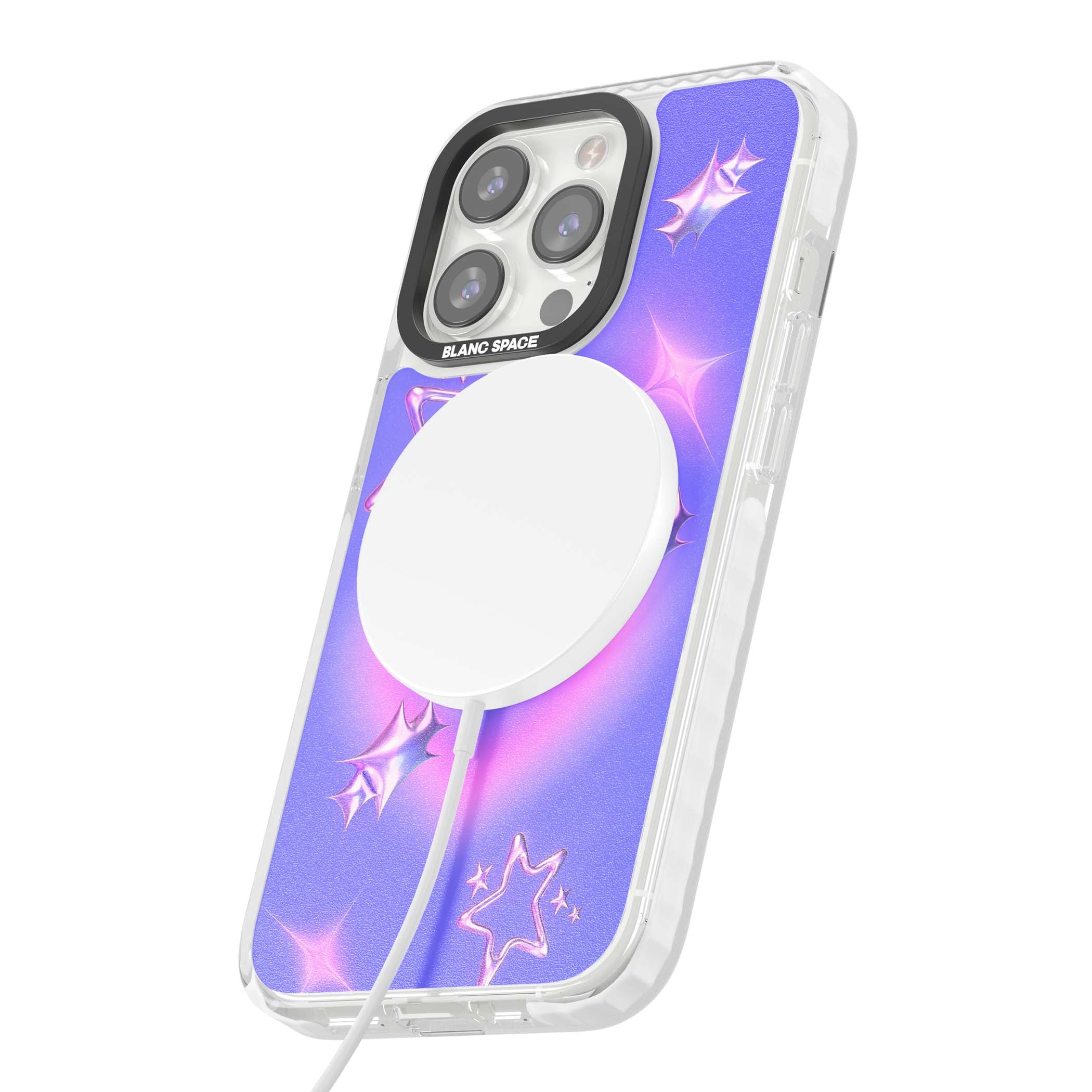 Soft Sugar Y2K iPhone case featuring iridescent chrome hearts, metallic pink stars and a lavender gradient sky | Impact Magsafe case for iPhone 13 Pro, iPhone 14 Pro, iPhone 15 Pro