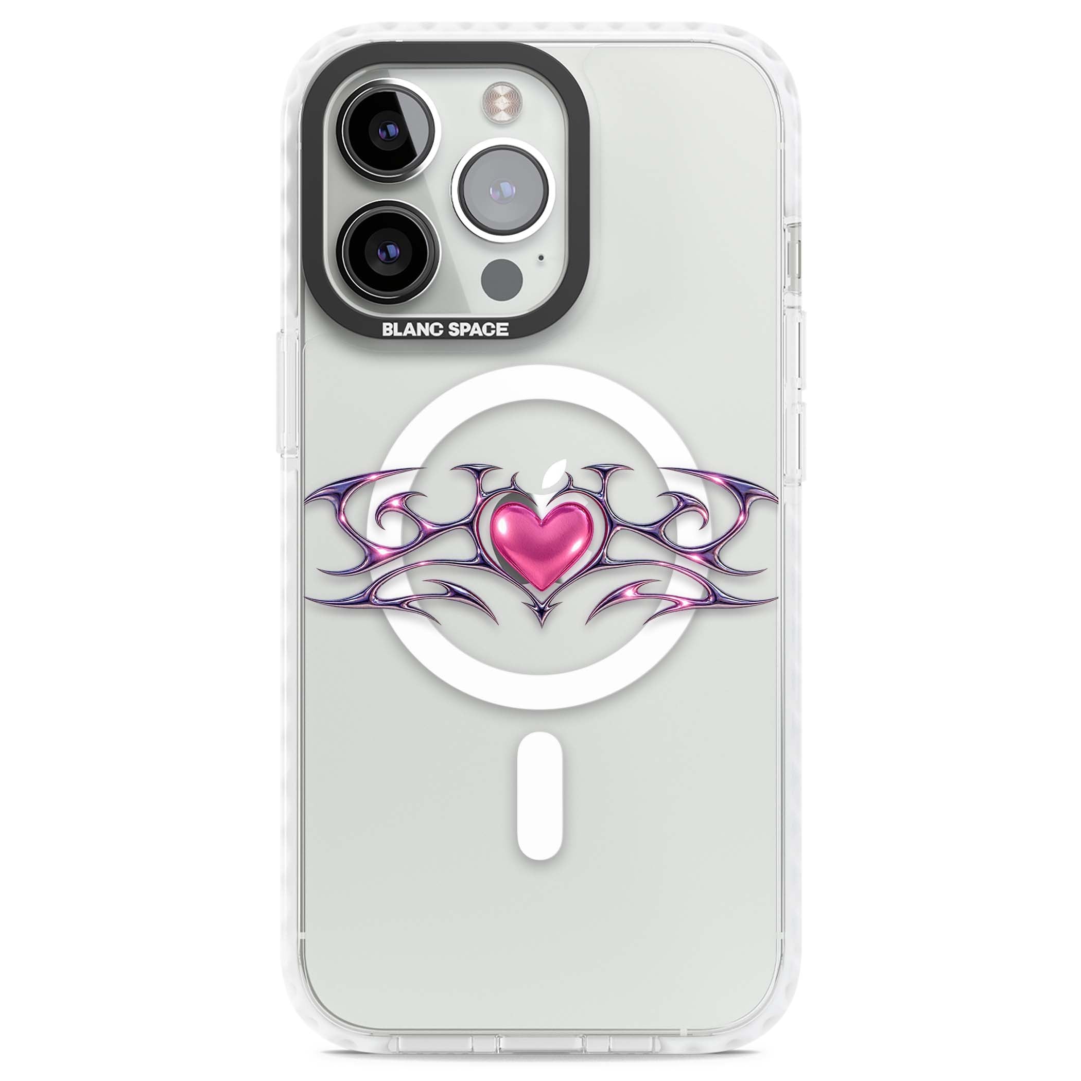 Pink Chrome Heart y2k iPhone case | Impact Magsafe case for iPhone 13 Pro, iPhone 14 Pro, iPhone 15 Pro