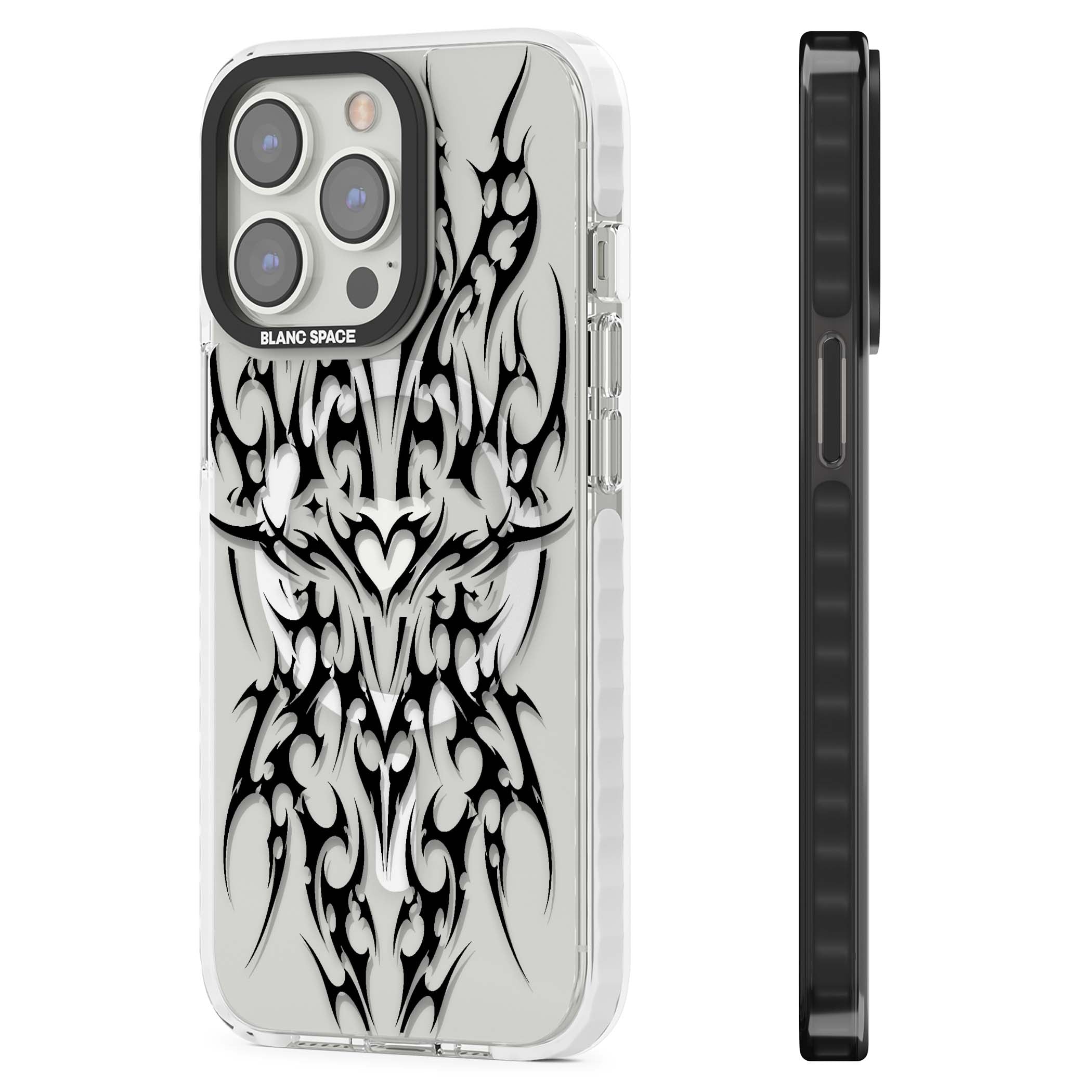 Neo Tribal Heart gothic iPhone case featuring symmetrical black tribal tattoo art with sharp thorn-like linework | Impact Magsafe case for iPhone 13 Pro, iPhone 14 Pro, iPhone 15 Pro