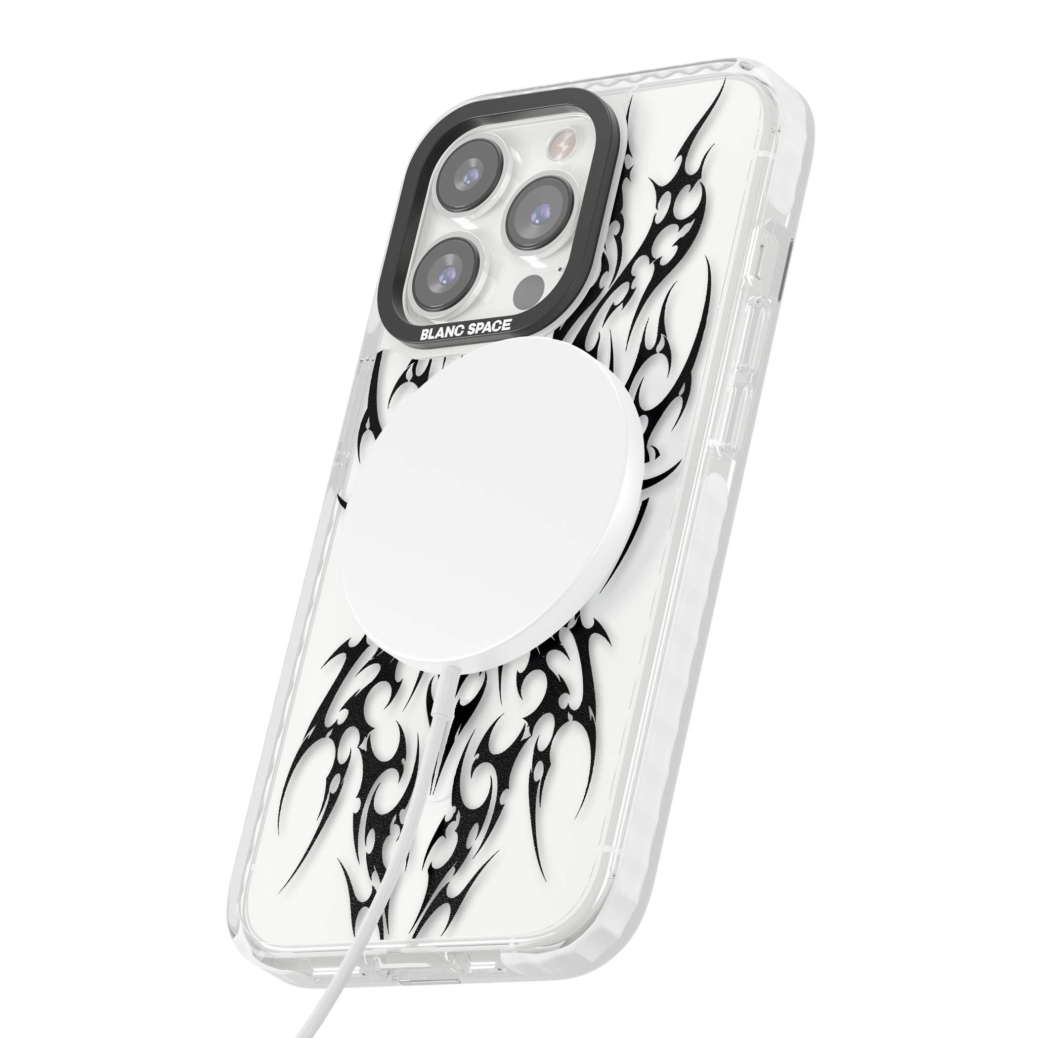 Neo Tribal Heart gothic iPhone case featuring symmetrical black tribal tattoo art with sharp thorn-like linework | Impact Magsafe case for iPhone 13 Pro, iPhone 14 Pro, iPhone 15 Pro