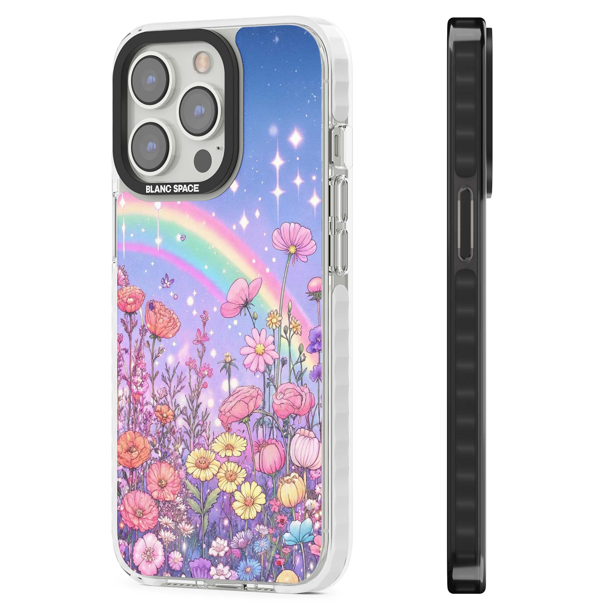 Magical Meadow fairycore iPhone case featuring a pastel rainbow, sparkling stars and a wildflower meadow | Clear Impact case for iPhone 13 Pro, iPhone 14 Pro, iPhone 15 Pro