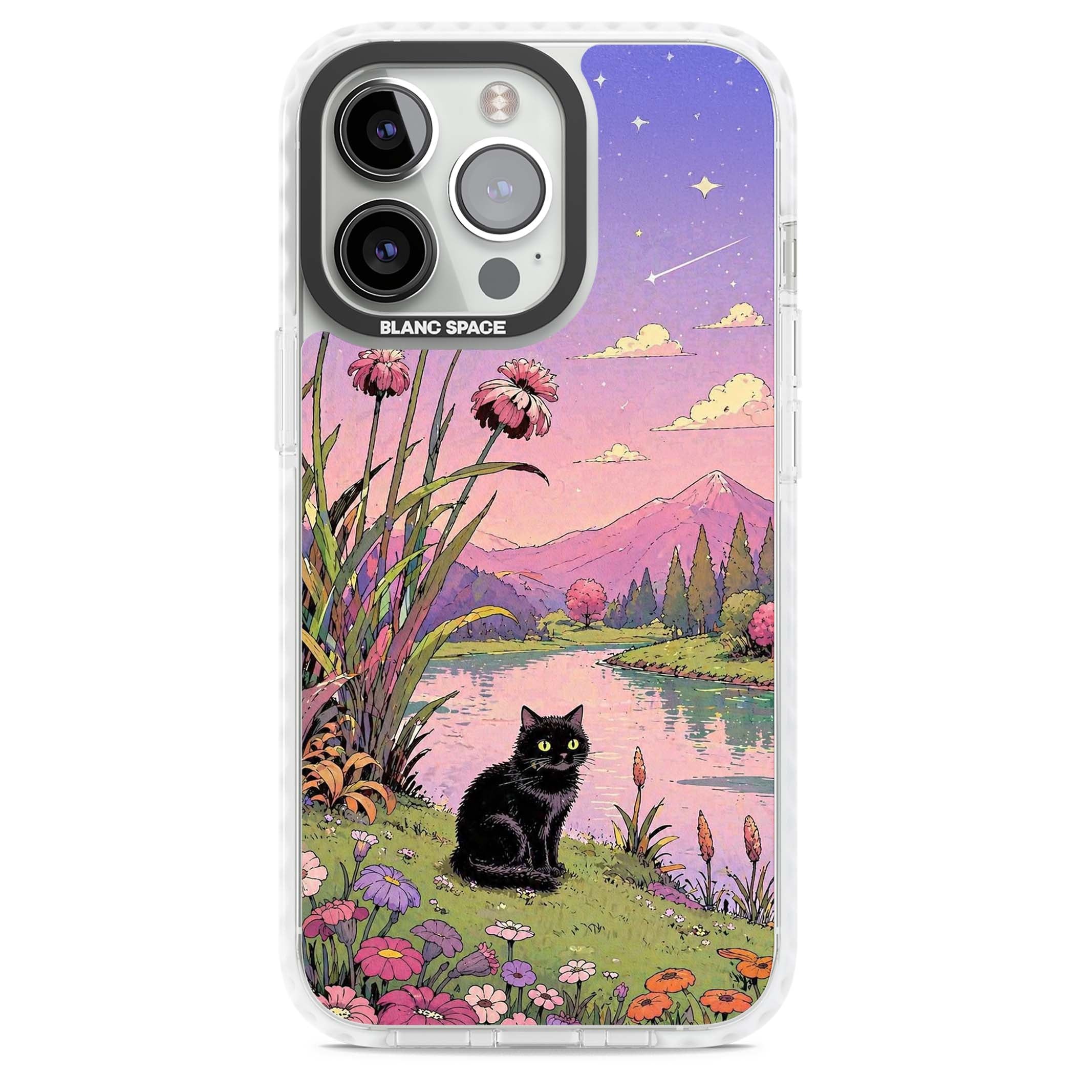 Mystic Whiskers ghibli iPhone case featuring a black cat by a pastel lake, wildflowers and a starry sunset sky | Clear Impact case for iPhone 13 Pro, iPhone 14 Pro, iPhone 15 Pro