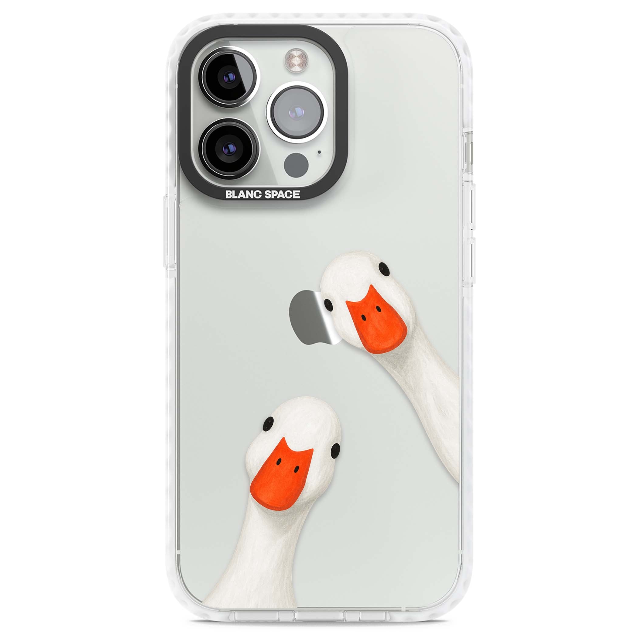 Nosy Ducks cottagecore iPhone case featuring two peeking white ducks with orange beaks on a clear background | Clear Impact case for iPhone 13 Pro, iPhone 14 Pro, iPhone 15 Pro
