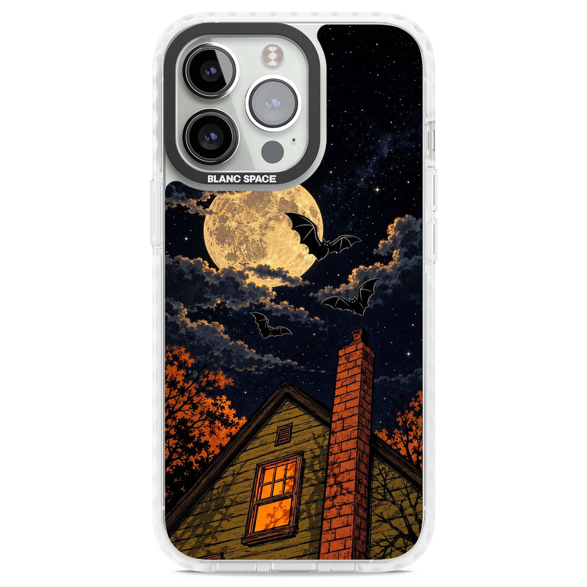 Hollows Eve Halloween iPhone case featuring a haunted house, full moon and flying bats against a starry autumn sky | Clear Impact case for iPhone 13 Pro, iPhone 14 Pro, iPhone 15 Pro