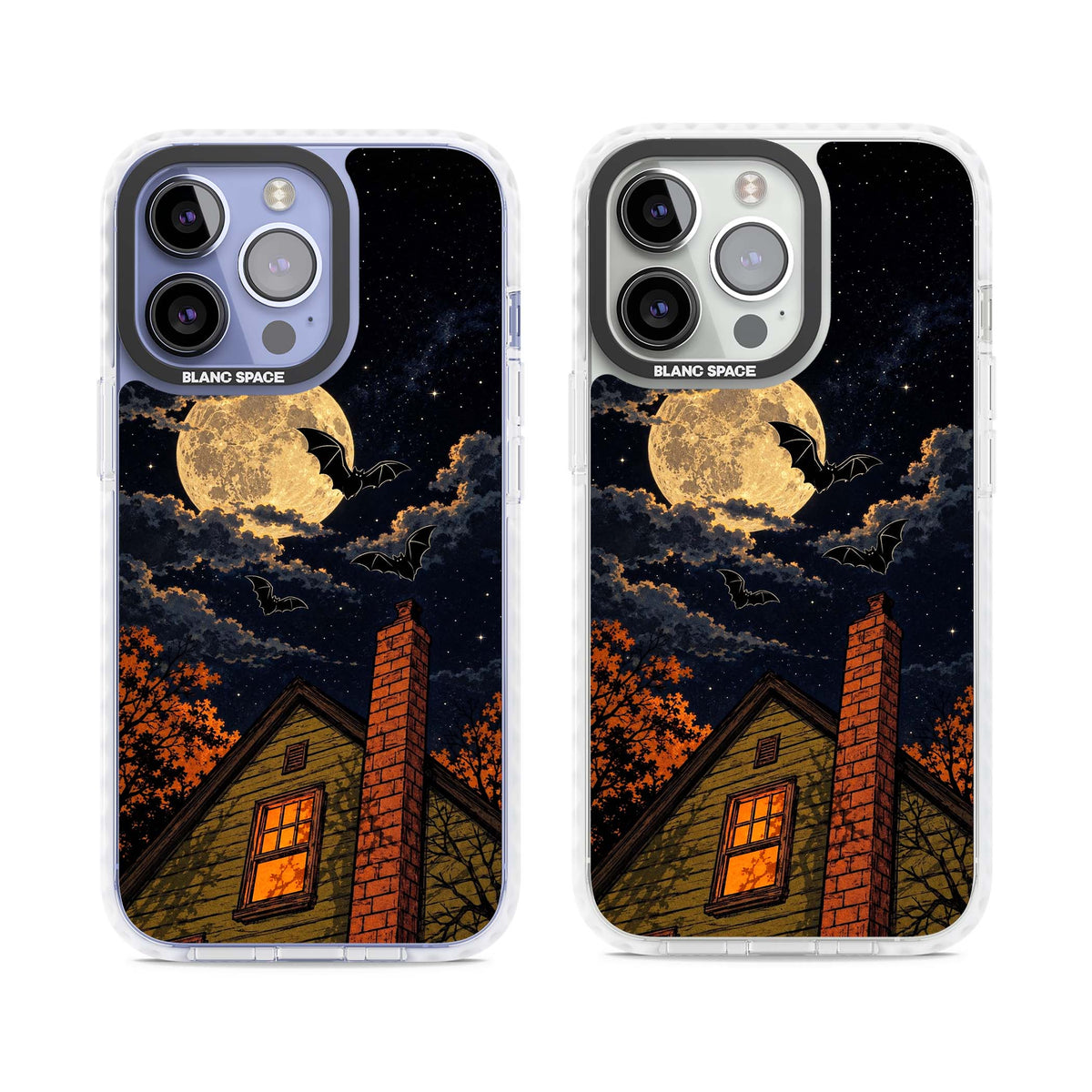 Hollows Eve Halloween iPhone case featuring a haunted house, full moon and flying bats against a starry autumn sky | Clear Impact case for iPhone 13 Pro, iPhone 14 Pro, iPhone 15 Pro