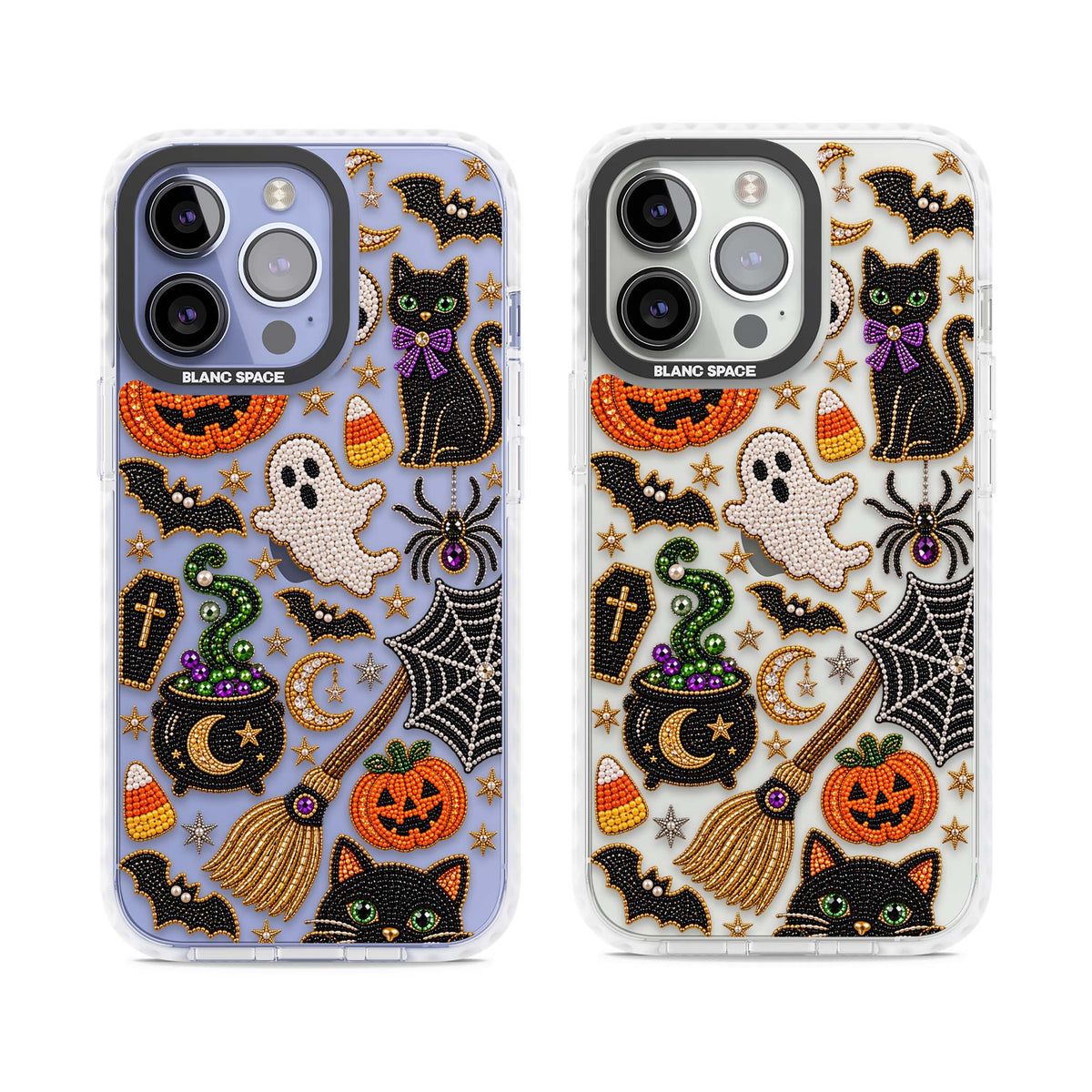 Beaded Halloween Halloween iPhone case featuring beaded pumpkins, ghosts, black cats and bats | Clear Impact case for iPhone 13 Pro, iPhone 14 Pro, iPhone 15 Pro