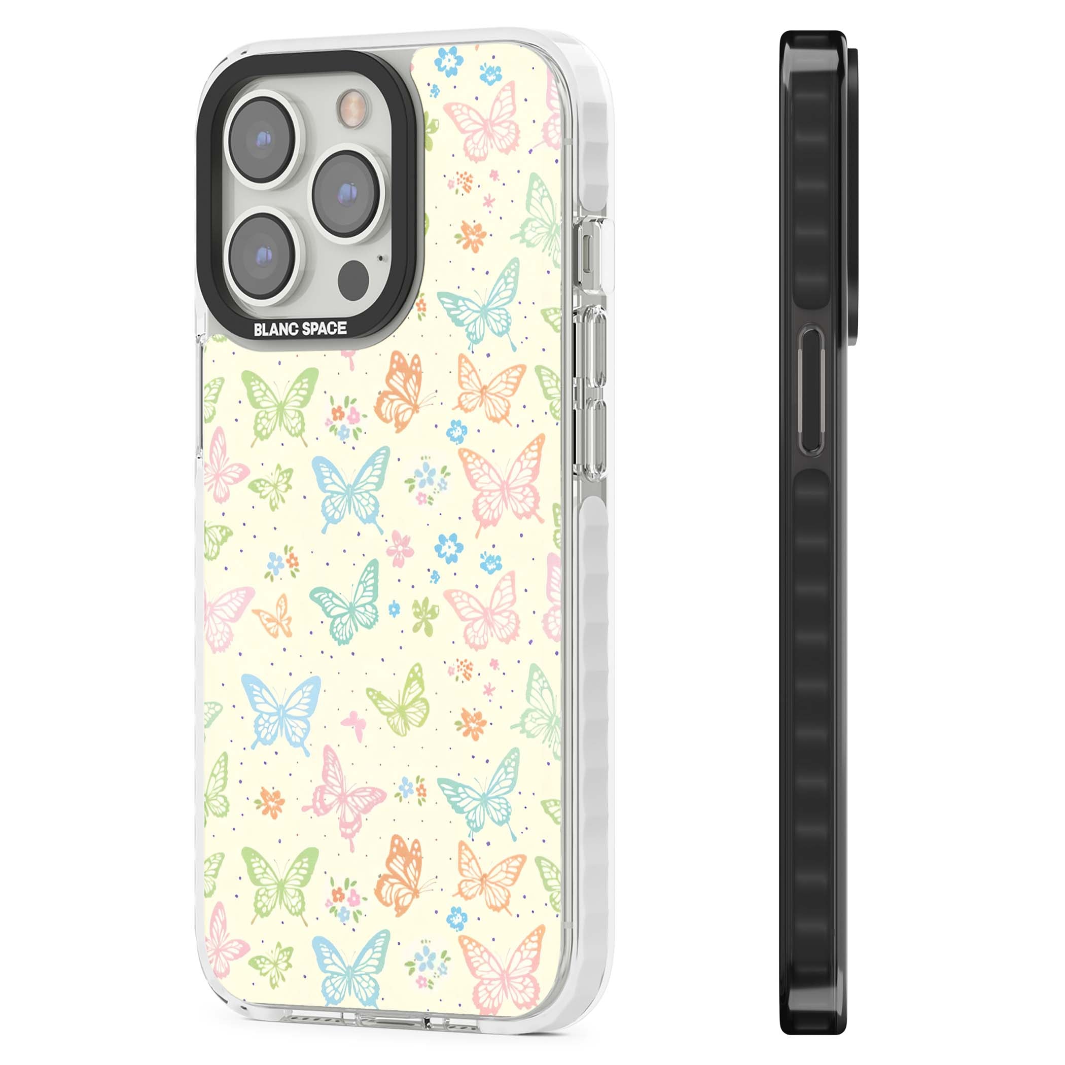 Sugar Wings cottagecore iPhone case featuring rainbow pastel butterflies, tiny wildflowers, and a cream background | Clear Impact case for iPhone 13 Pro, iPhone 14 Pro, iPhone 15 Pro