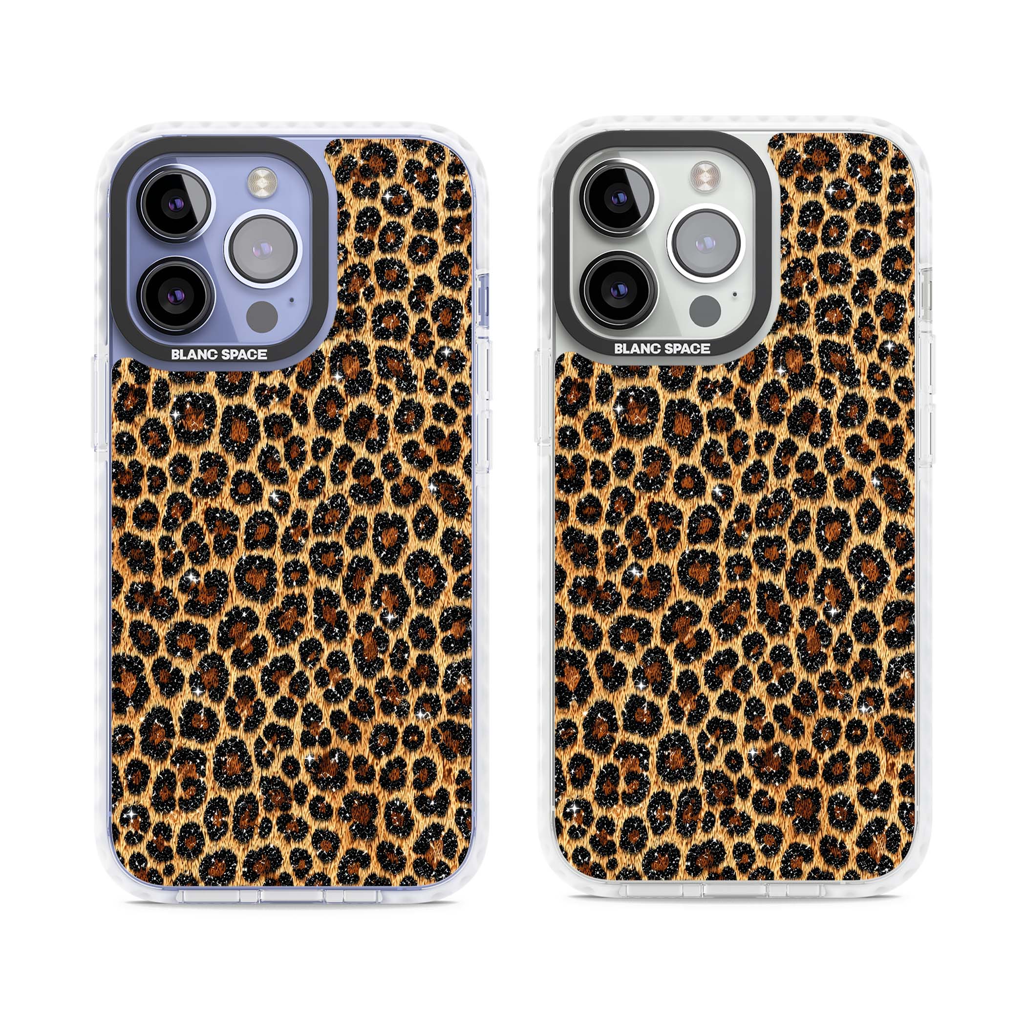 Diamond Leopard leopard print iPhone case featuring golden tan fur, black rosette spots and subtle glitter sparkle | Clear Impact case for iPhone 13 Pro, iPhone 14 Pro, iPhone 15 Pro
