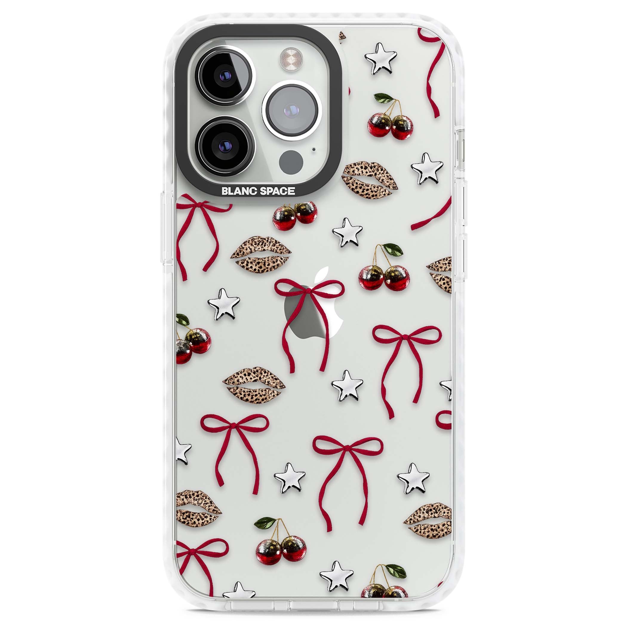 Starlet coquette iPhone case featuring red ribbon bows, disco cherries and leopard-print lips | Clear Impact case for iPhone 13 Pro, iPhone 14 Pro, iPhone 15 Pro