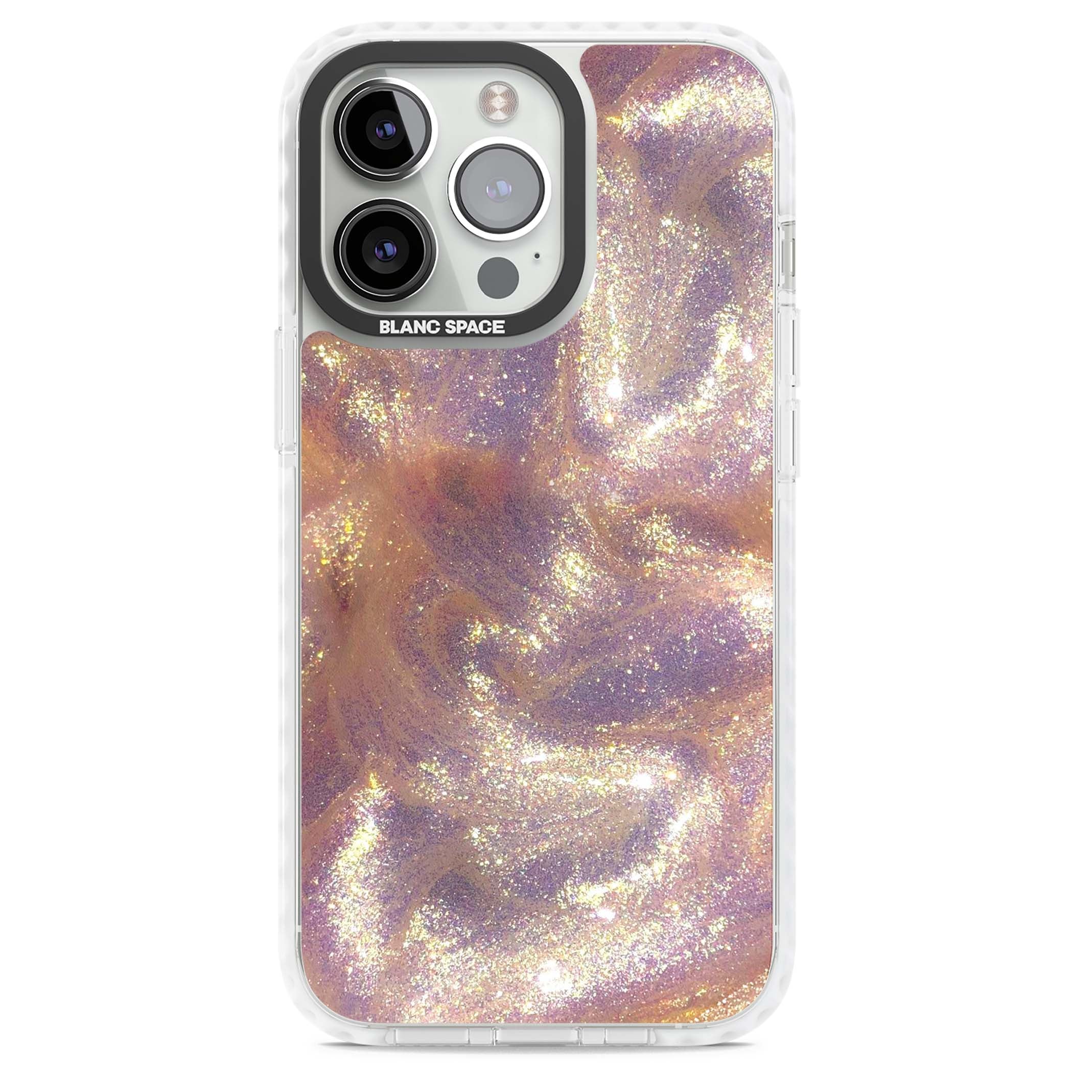 Shimmer marble iPhone case featuring rose gold glitter swirls, lilac shimmer and iridescent pearl finish | Clear Impact case for iPhone 13 Pro, iPhone 14 Pro, iPhone 15 Pro