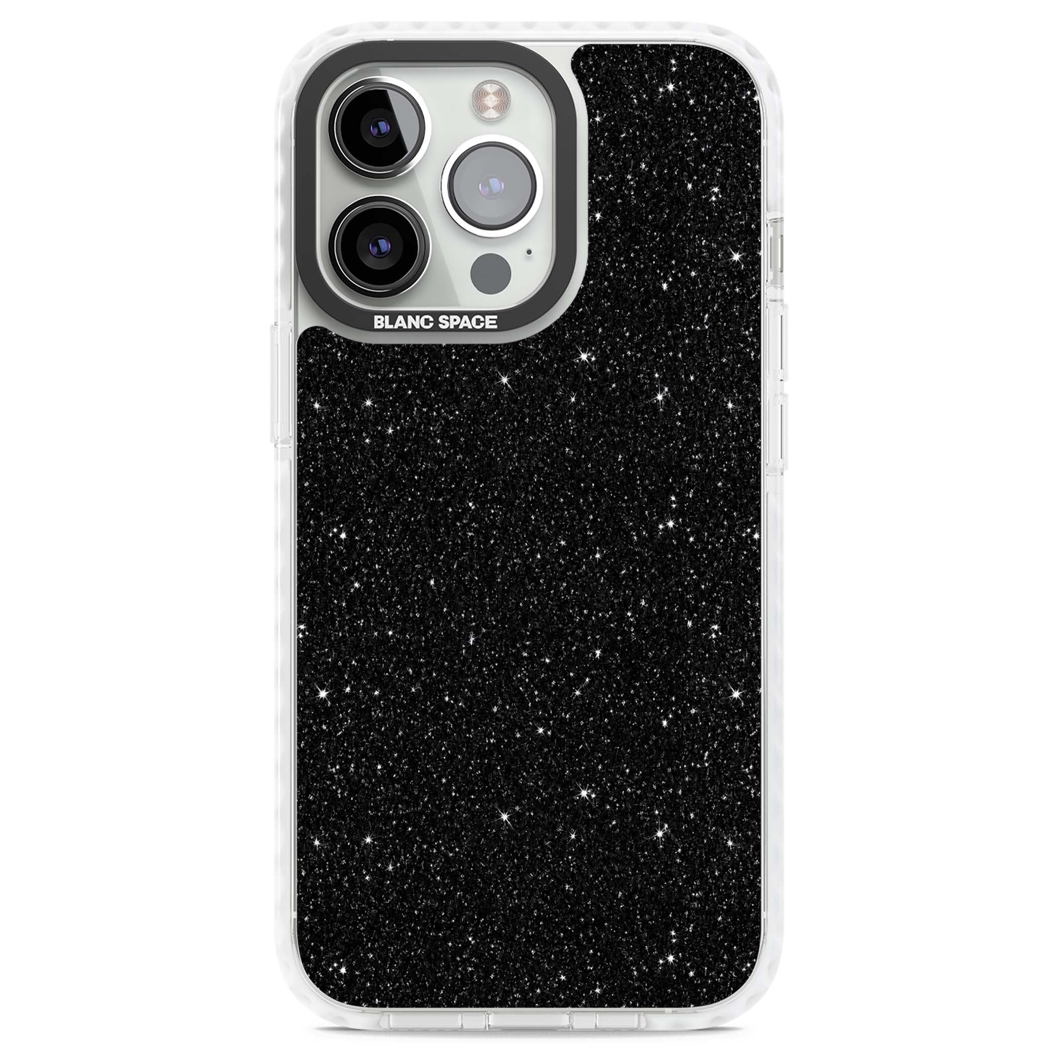 Black Glitter black glitter iPhone case featuring an all-over sparkly shimmer pattern on a jet black base | Clear Impact case for iPhone 13 Pro, iPhone 14 Pro, iPhone 15 Pro