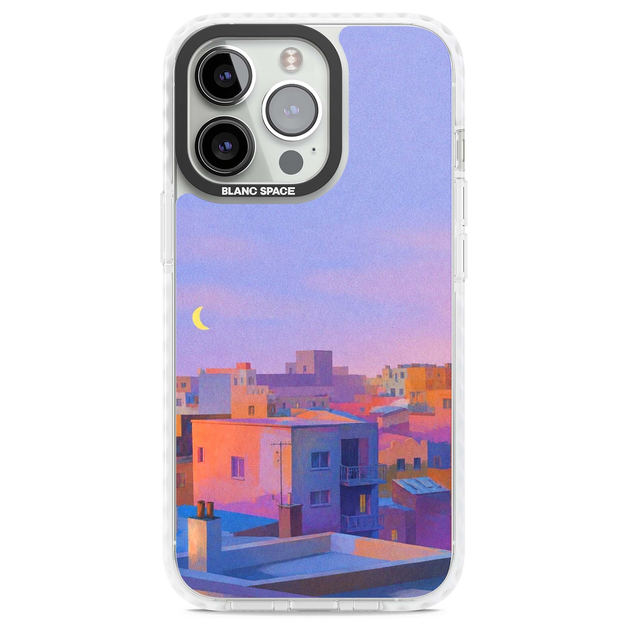 Twilight Rooftops vaporwave iPhone case featuring a pastel sunset cityscape, painted rooftops and a crescent moon. | Clear Impact case for iPhone 13 Pro, iPhone 14 Pro, iPhone 15 Pro