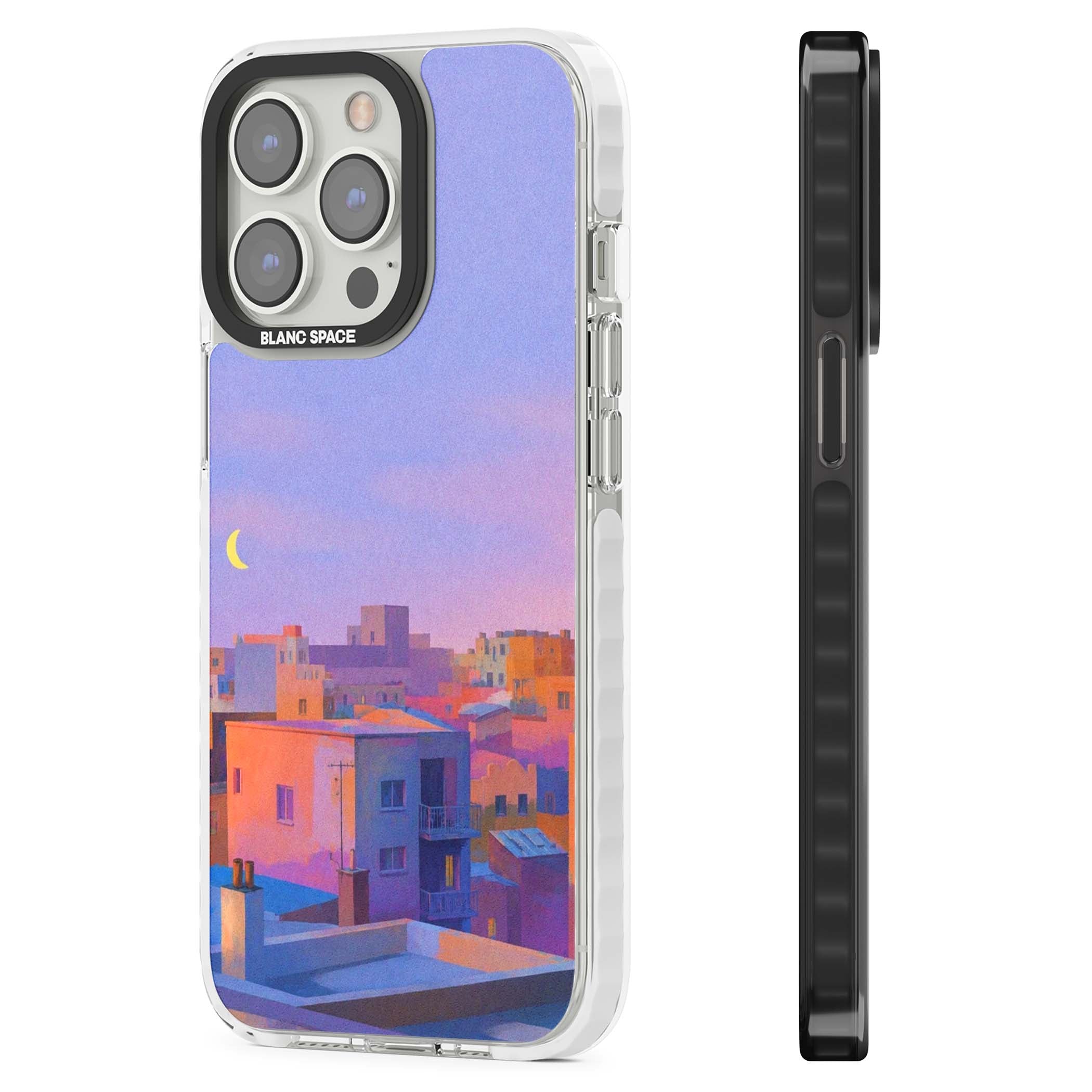 Twilight Rooftops vaporwave iPhone case featuring a pastel sunset cityscape, painted rooftops and a crescent moon. | Clear Impact case for iPhone 13 Pro, iPhone 14 Pro, iPhone 15 Pro