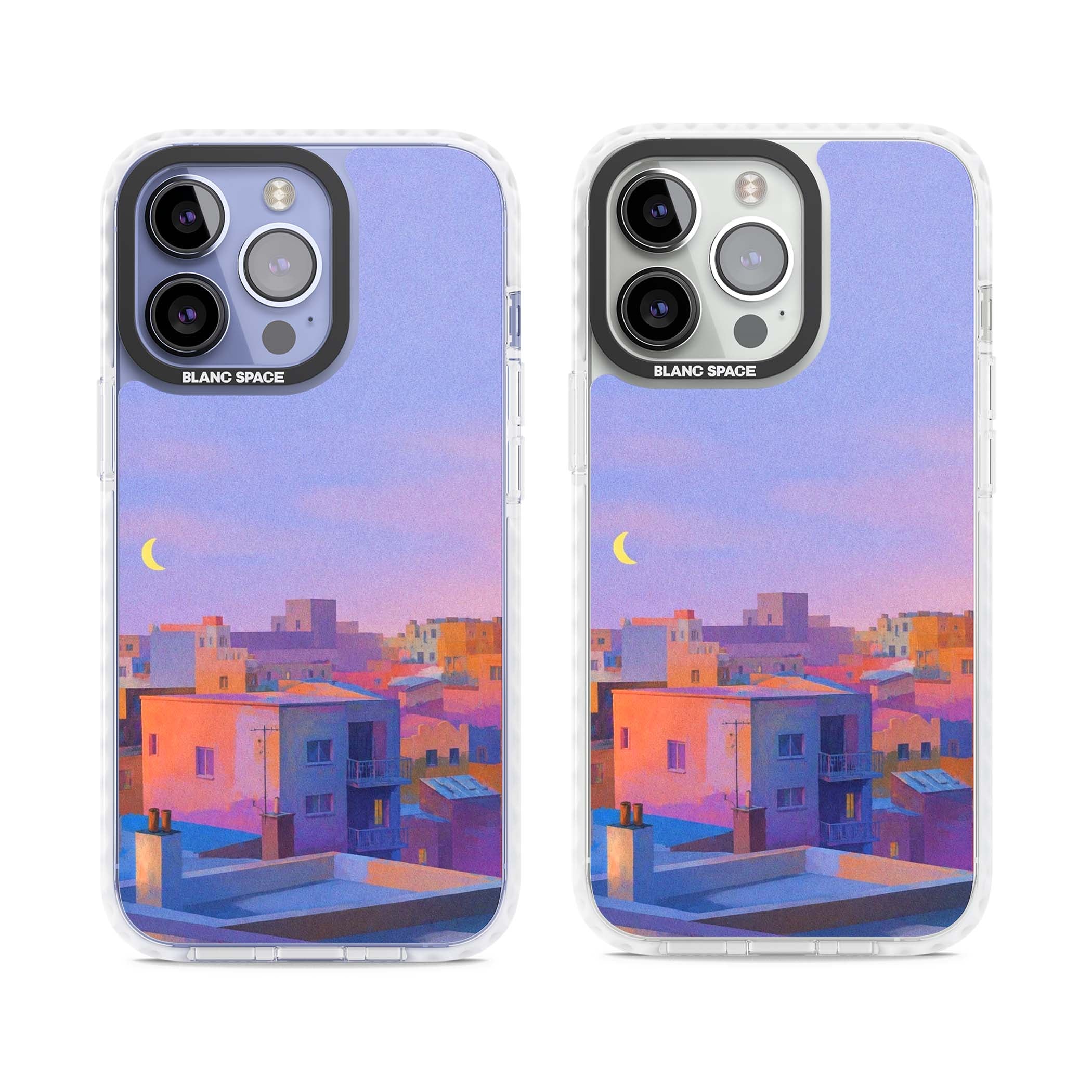Twilight Rooftops vaporwave iPhone case featuring a pastel sunset cityscape, painted rooftops and a crescent moon. | Clear Impact case for iPhone 13 Pro, iPhone 14 Pro, iPhone 15 Pro
