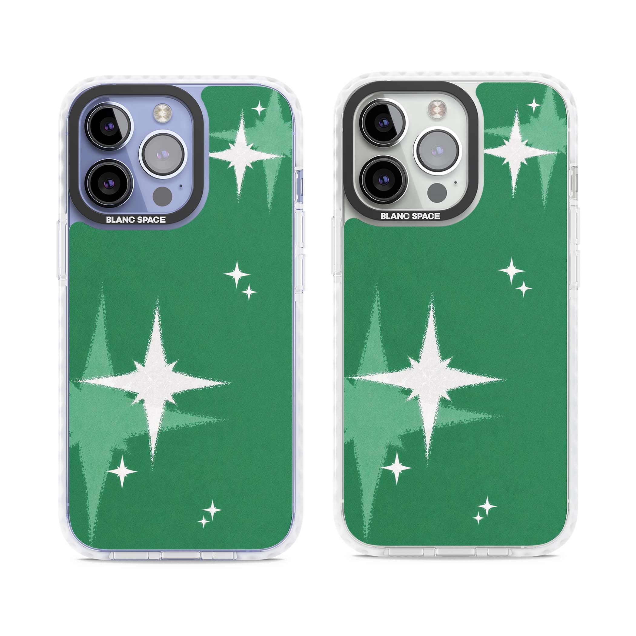 Green Sparkle celestial iPhone case featuring sparkling white four-point stars on a deep green background | Clear Impact case for iPhone 13 Pro, iPhone 14 Pro, iPhone 15 Pro